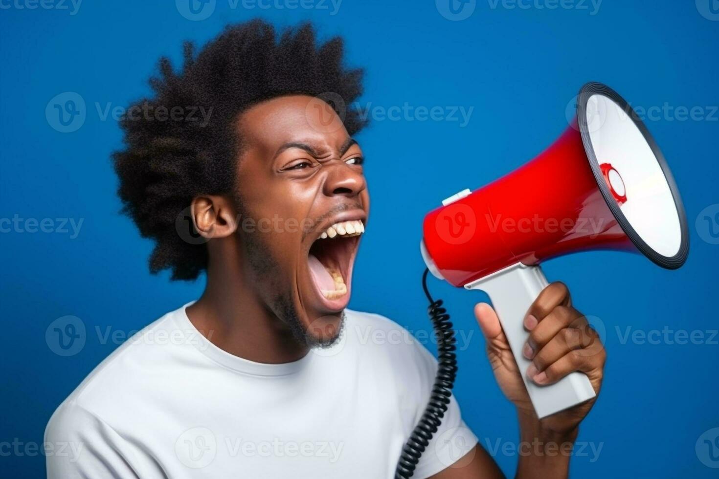 A picture of a young black man happily shouting into a megaphone, ai generative photo