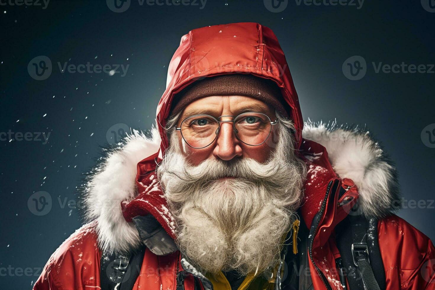 un imagen de Papa Noel claus vistiendo un moderno rojo chaqueta, ai generativo foto