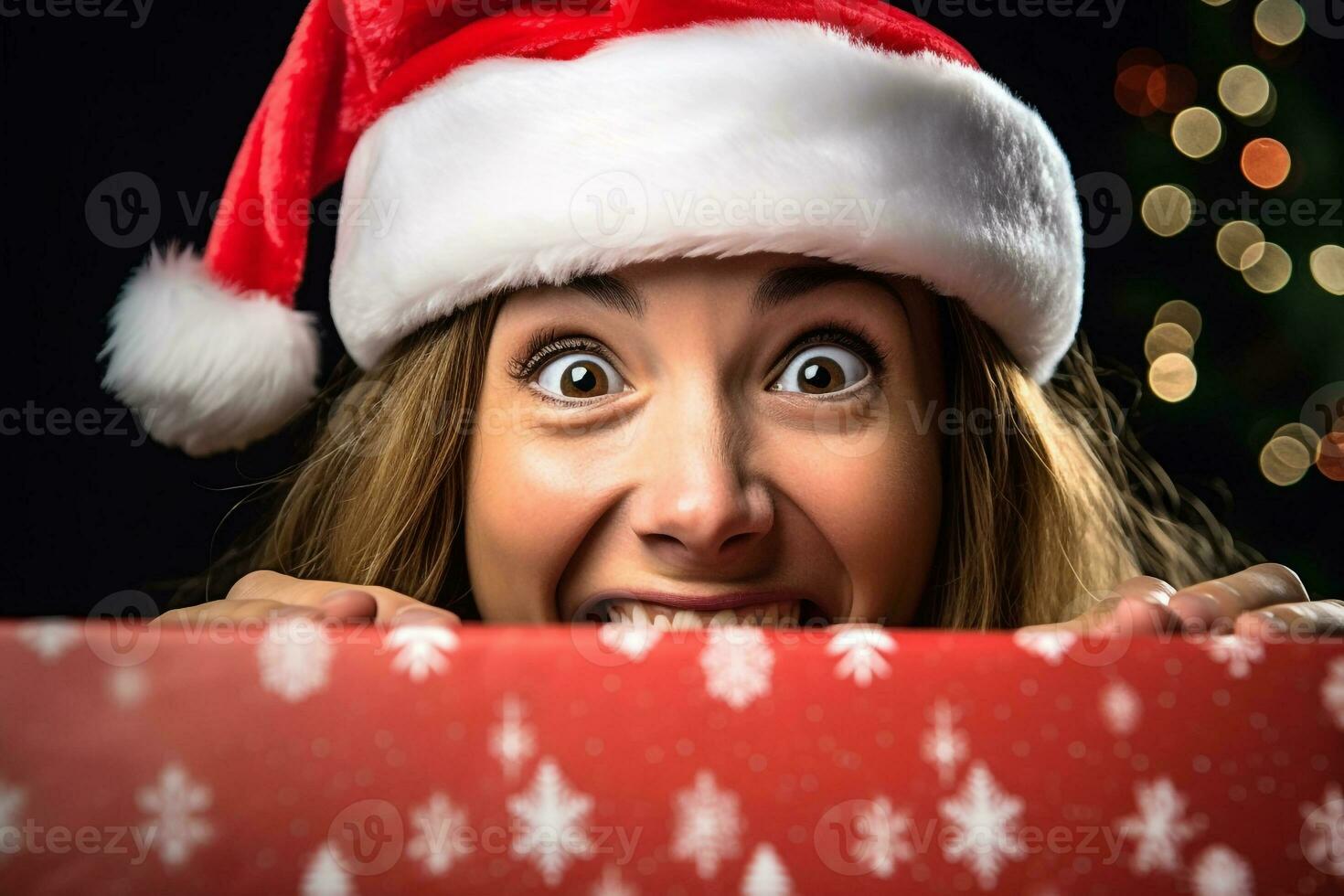 A picture of a smiling beautiful woman wearing a santa hat and looking inside a gift box, ai generative photo