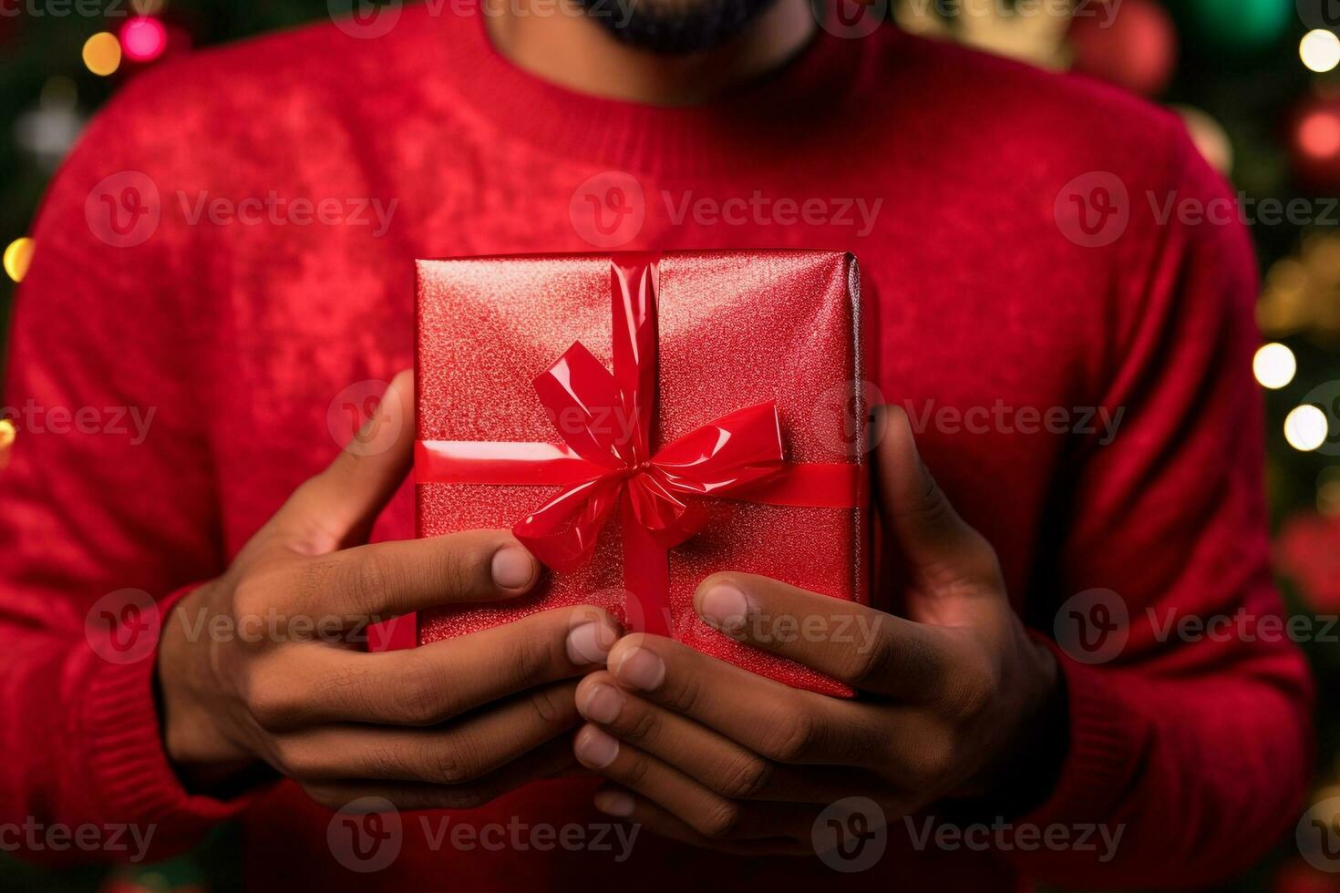 Picture of a young man with a red gift box on christmas eve, ai generative photo