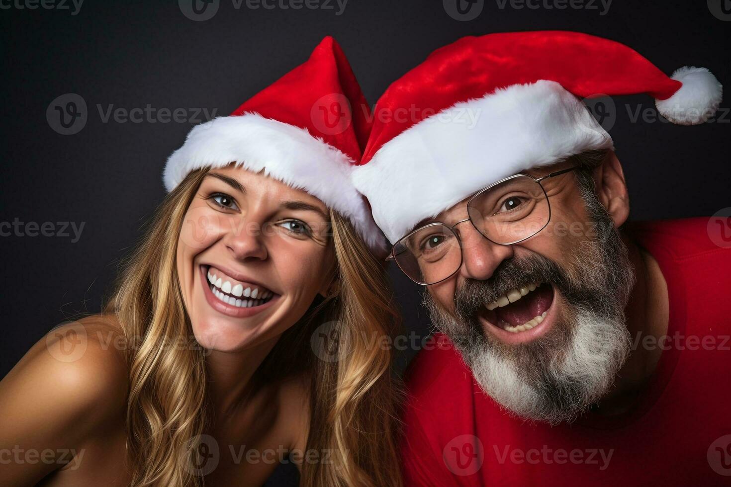 A picture of a man and woman wearing new years clothes and santa hats having fun and feeling happy together, ai generative photo