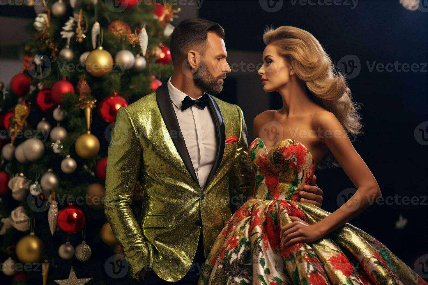 Picture of a couple in love standing next to a christmas tree wearing fancy clothes, ai generative photo