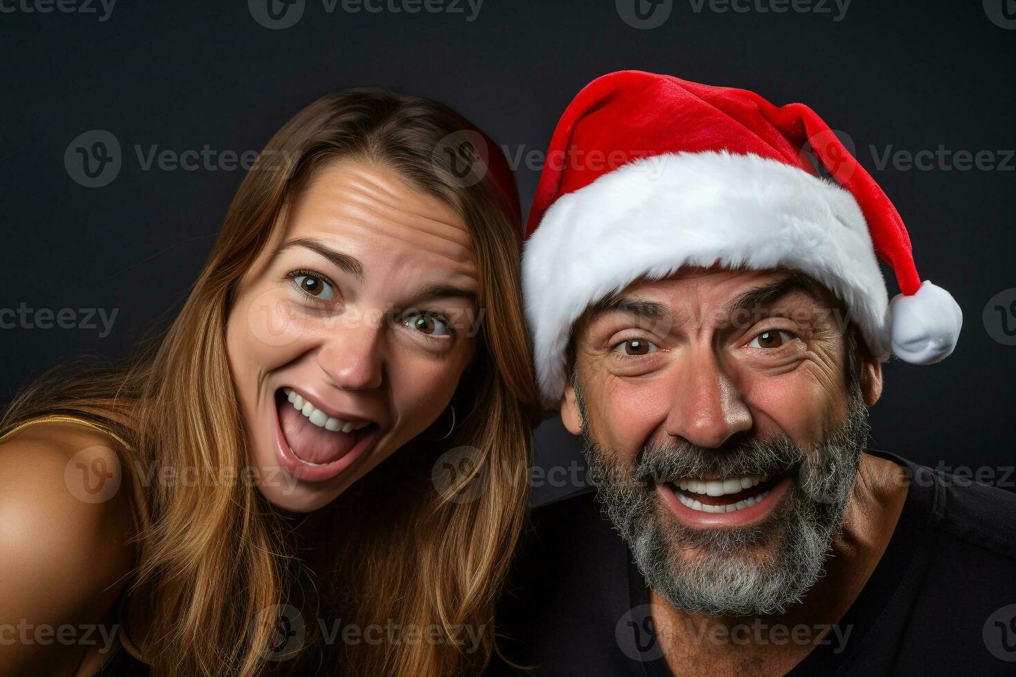 A picture of a man and woman wearing new years clothes and santa hats having fun and feeling happy together, ai generative photo