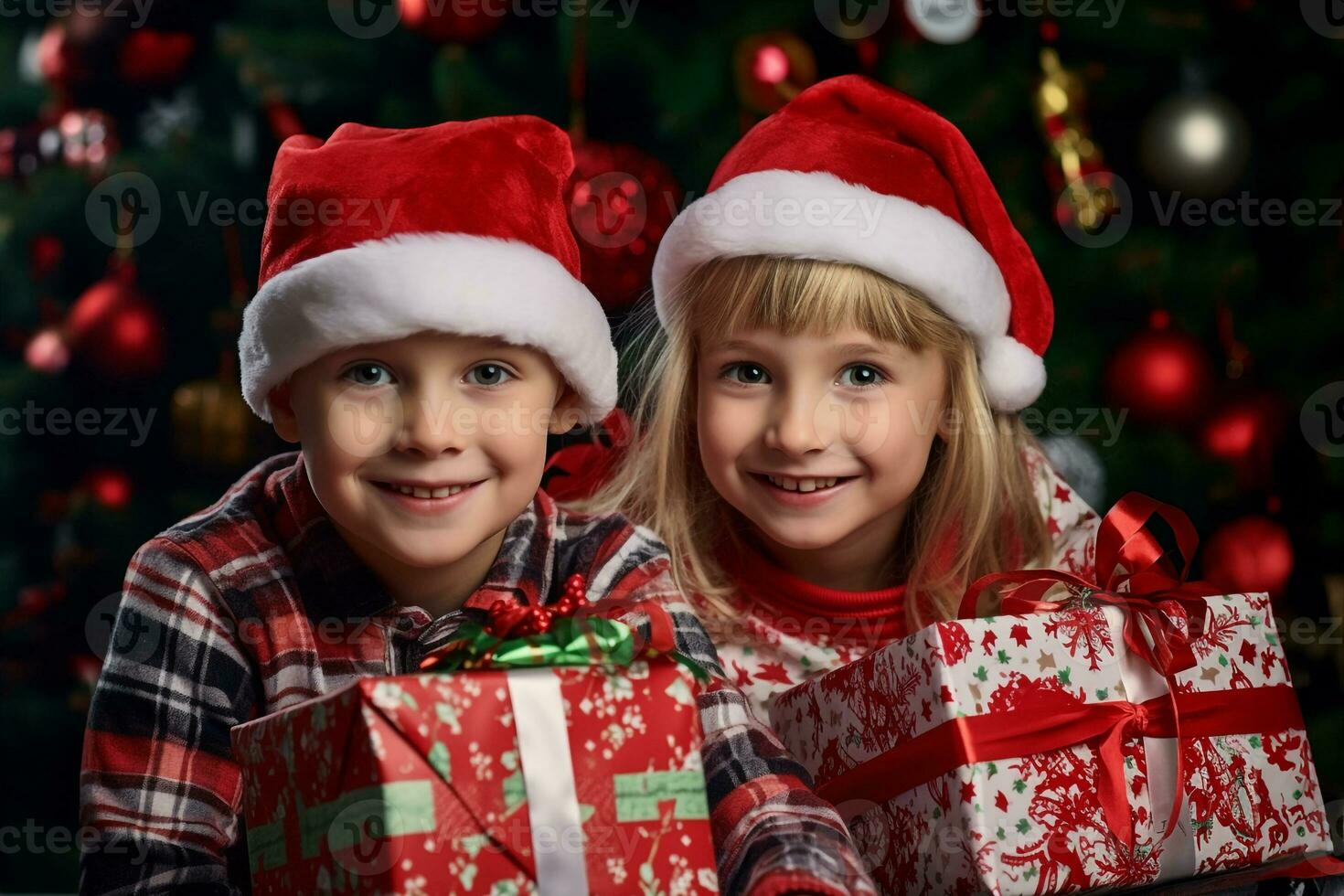 un foto de contento niños con Navidad regalos y adornos, ai generativo