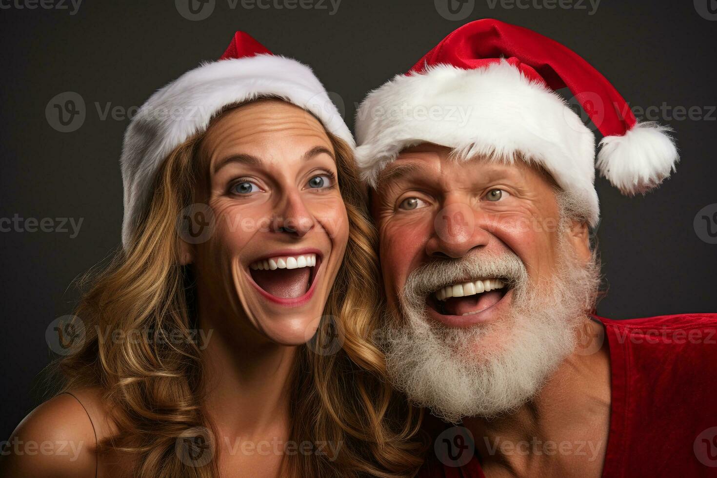 A picture of a man and woman wearing new years clothes and santa hats having fun and feeling happy together, ai generative photo