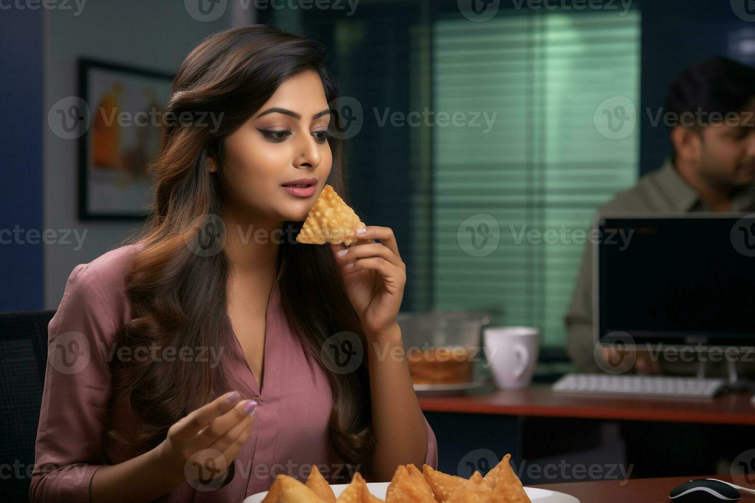 A picture of a woman eating a samosa at work during the diwali festival, ai generative photo