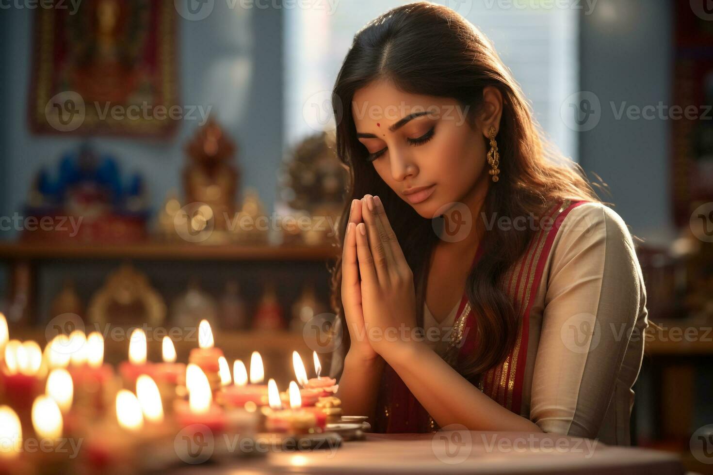 A picture of a woman working at a company praying to god during the diwali festival, ai generative photo