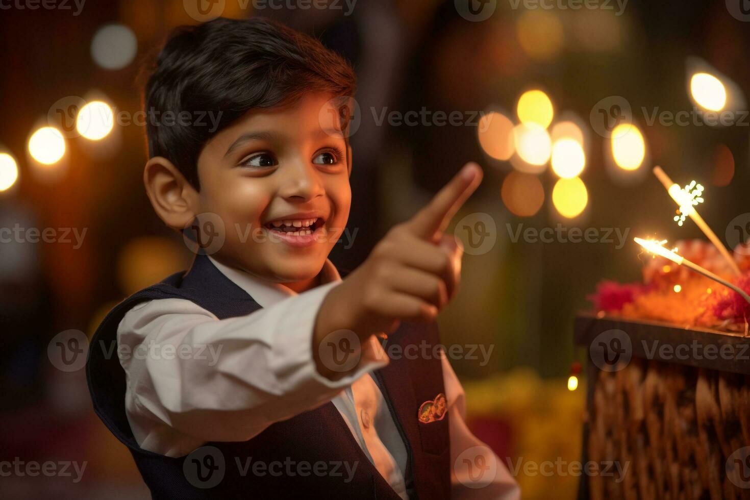 A picture of a little boy pointing during diwali, ai generative photo