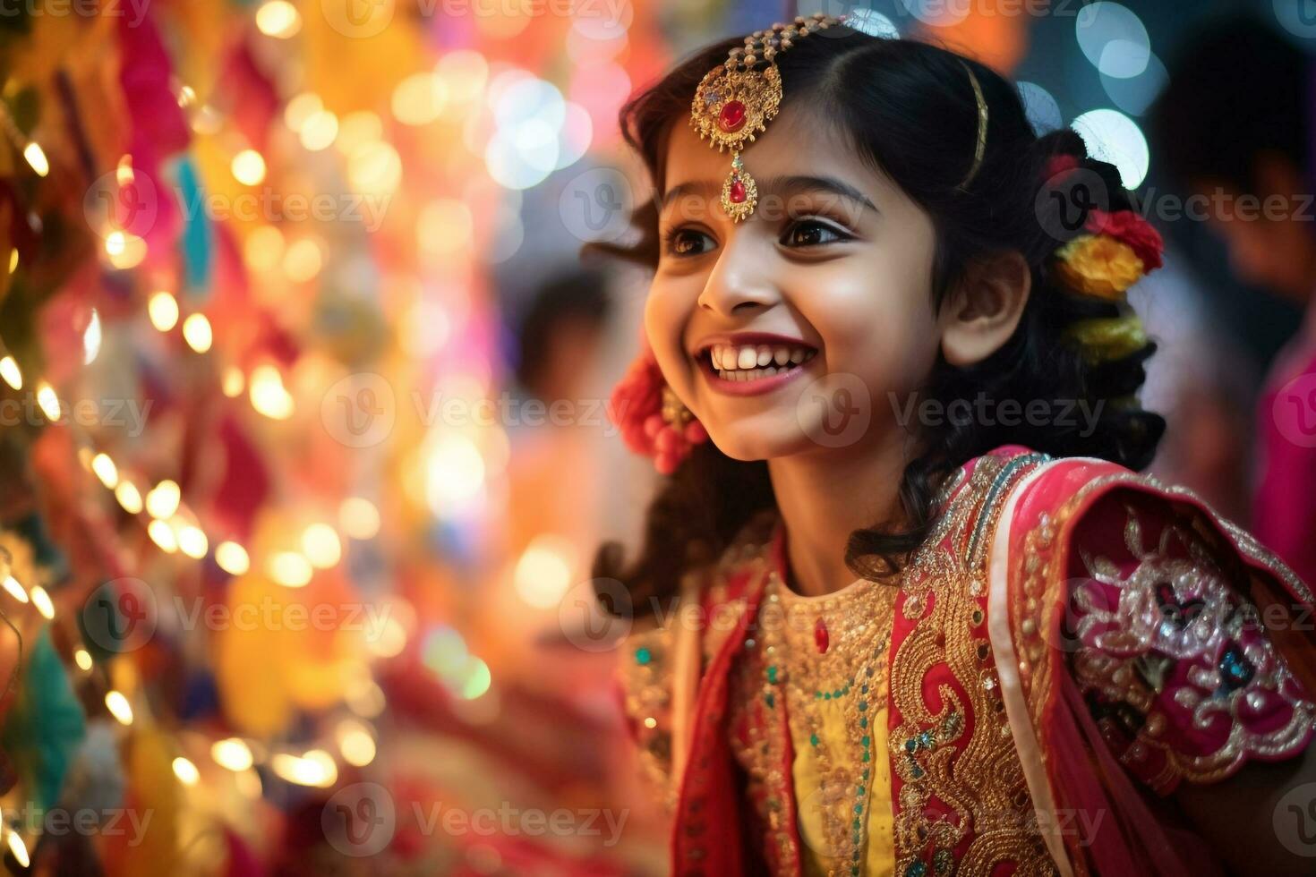 A picture of a young indian girl wearing traditional indian clothes smiling in front of a decorated puja pandal at night, ai generative photo
