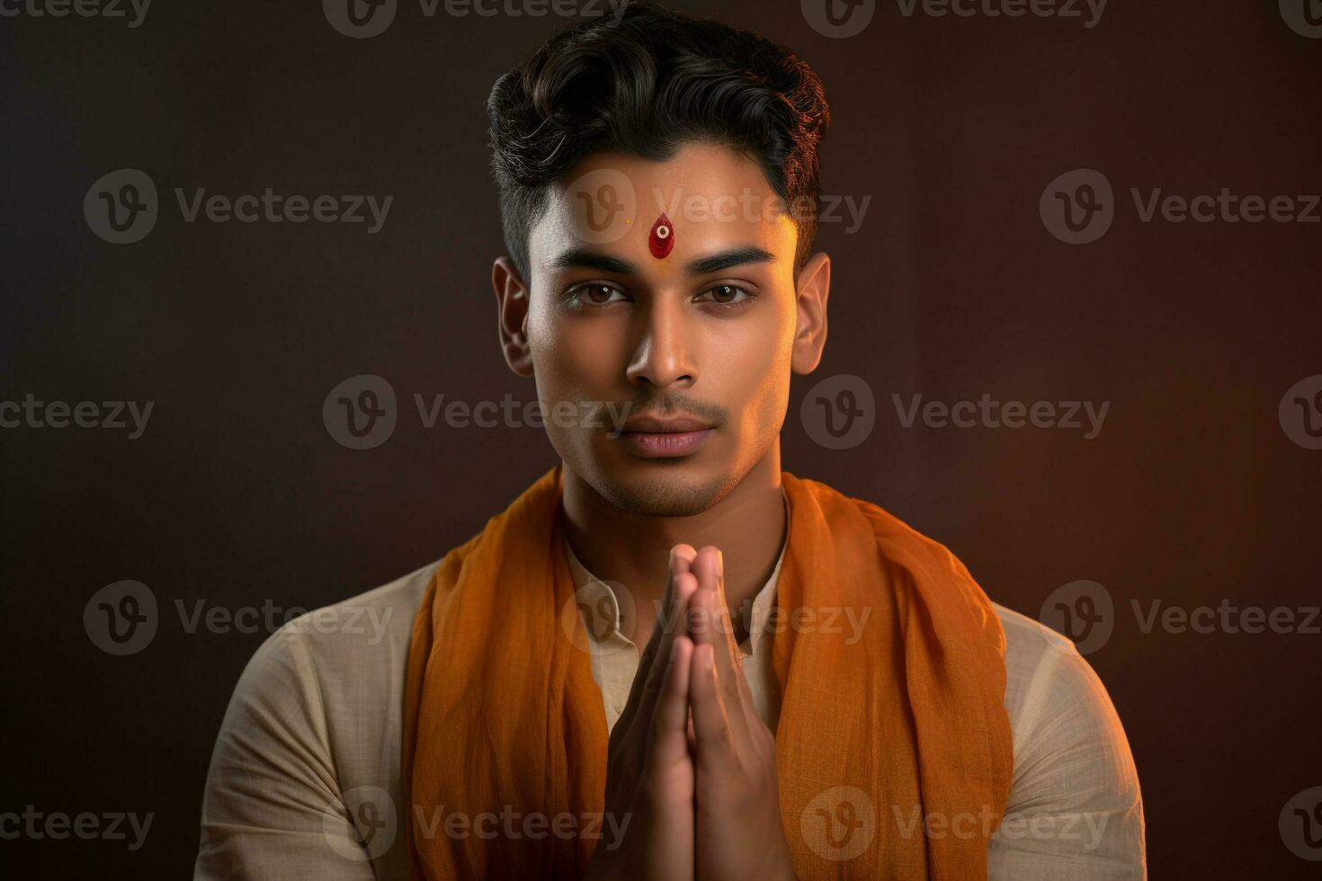 A photo of a handsome young indian man with his hands folded in prayer facing the camera, ai generative