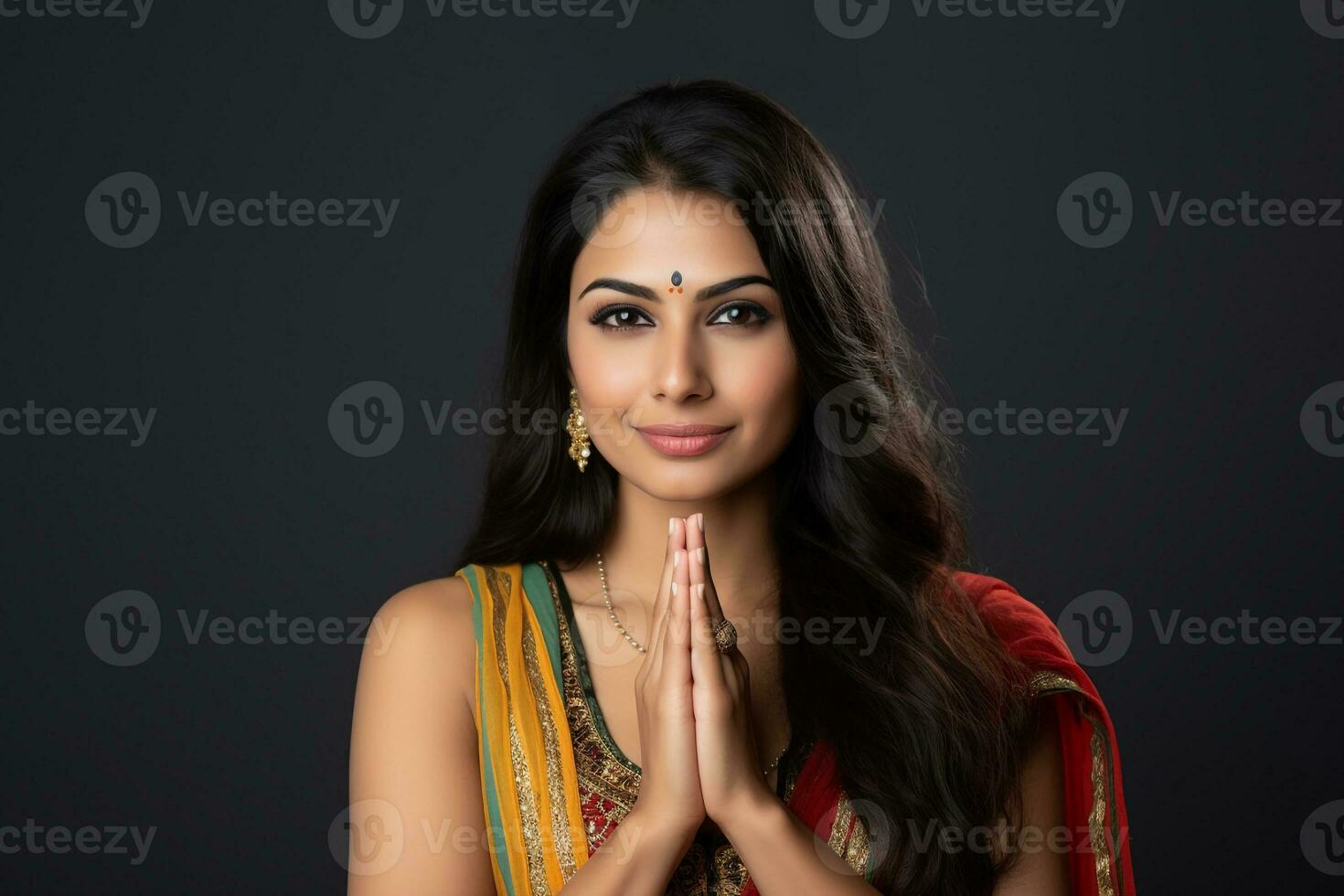 A photo of a pretty indian woman saying namaste, ai generative