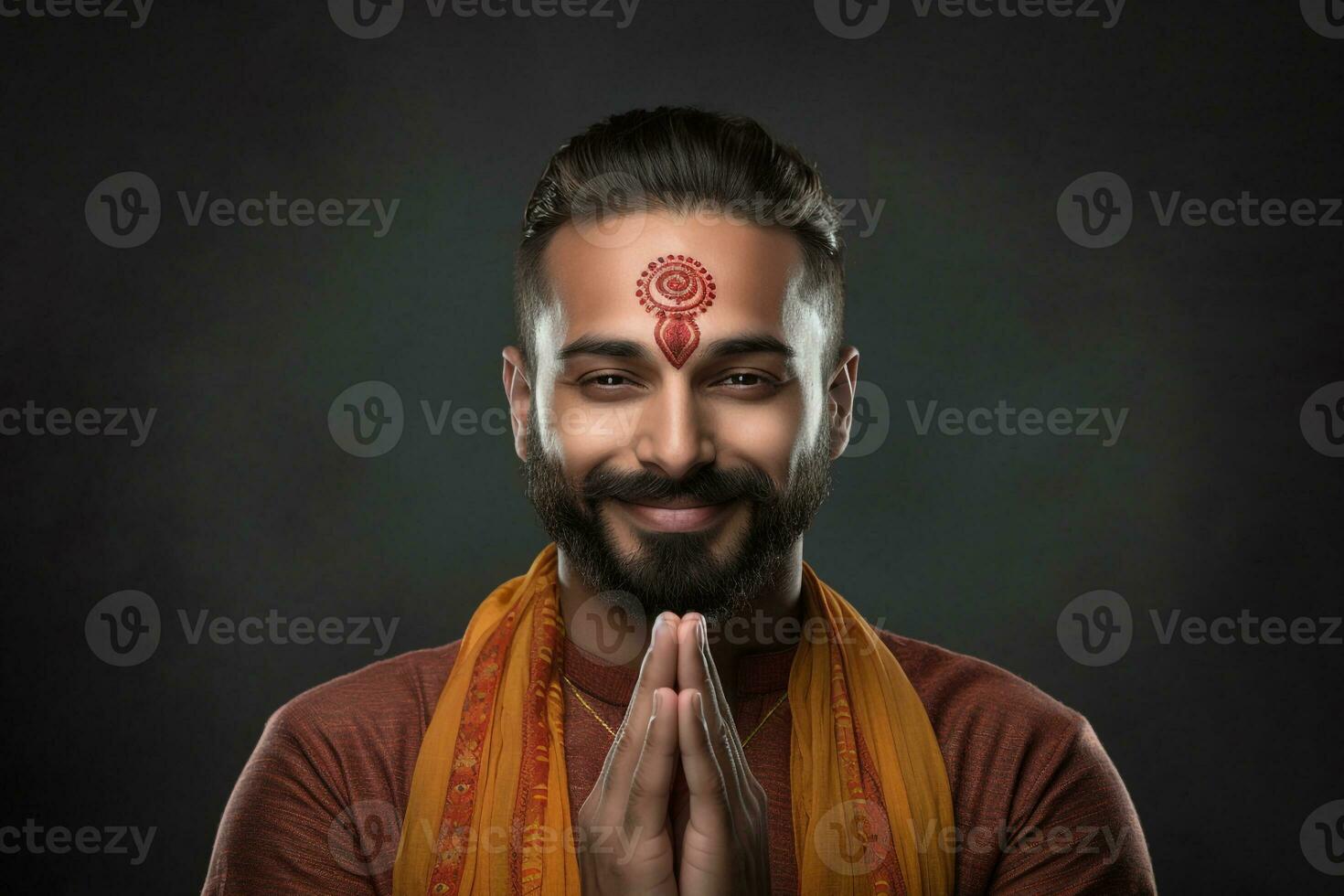 A picture of a young indian man saying hello with his hands together, ai generative photo