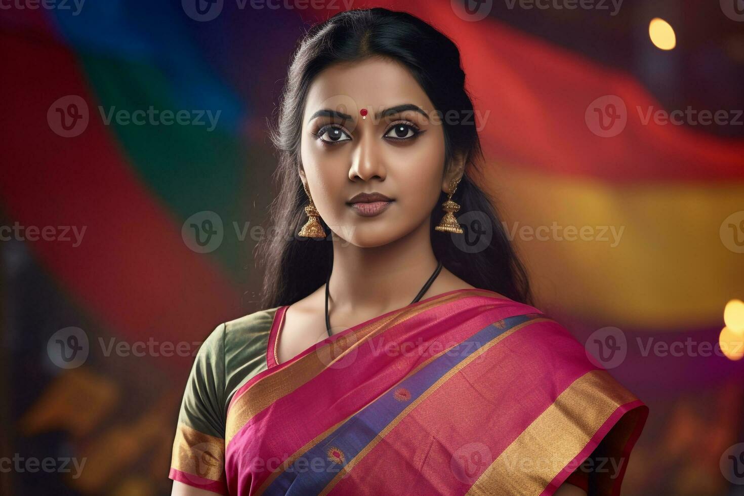 A photo of a woman wearing a traditional nine yard saree from the state of maharashtra in india  on the festival of diwali, ai generative