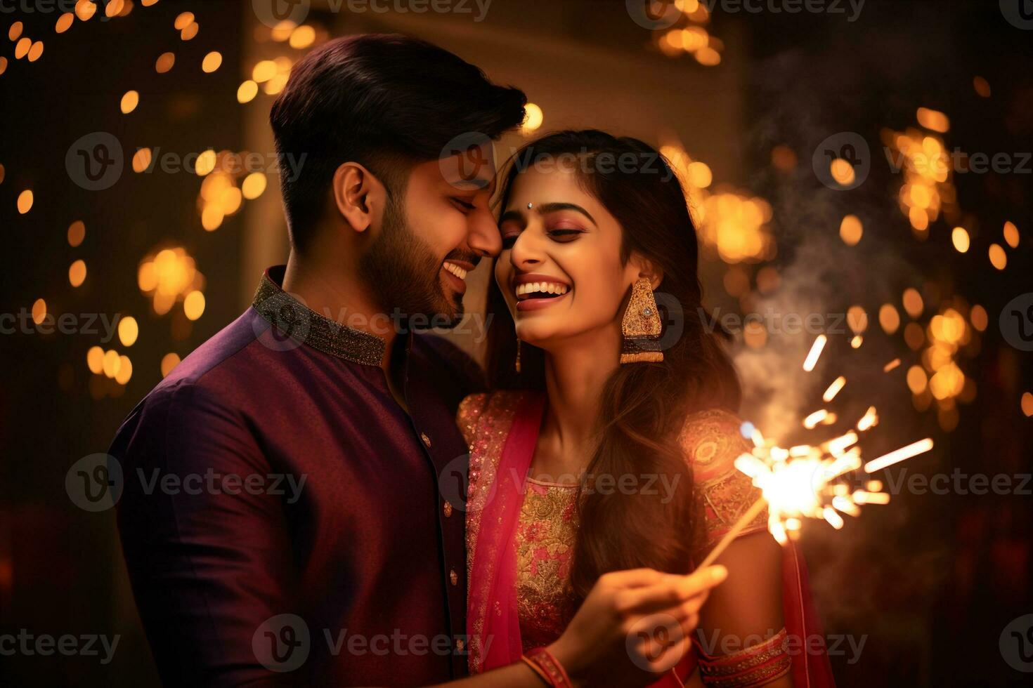 A photo of a happy indian couple in traditional clothes celebrating diwali by holding sparklers and firecrackers, ai generative