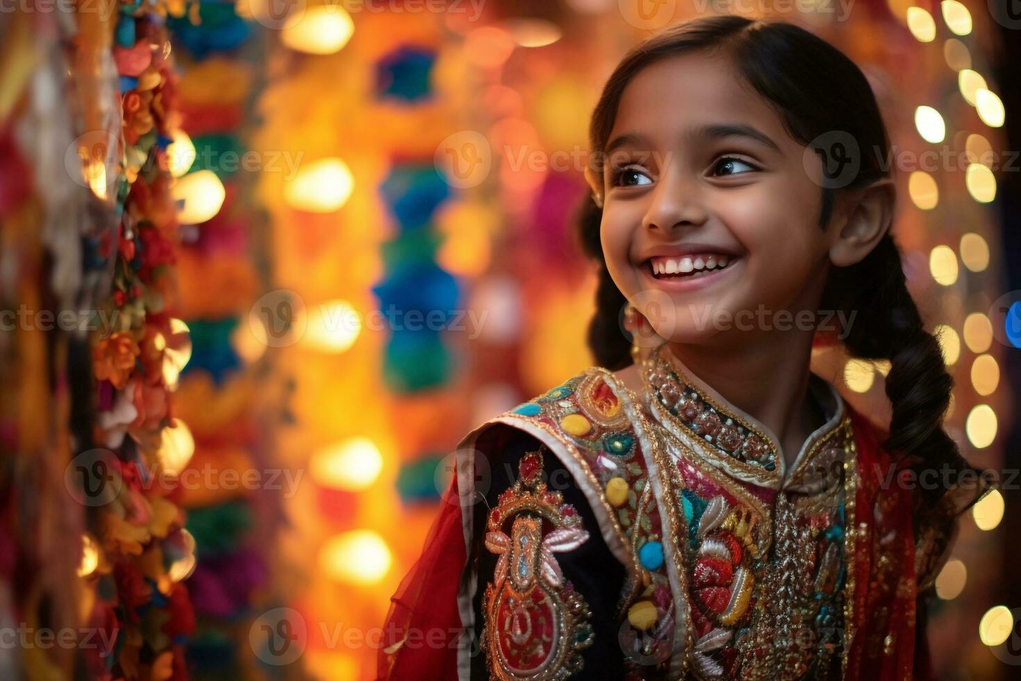 A picture of a young indian girl wearing traditional indian clothes smiling in front of a decorated puja pandal at night, ai generative photo