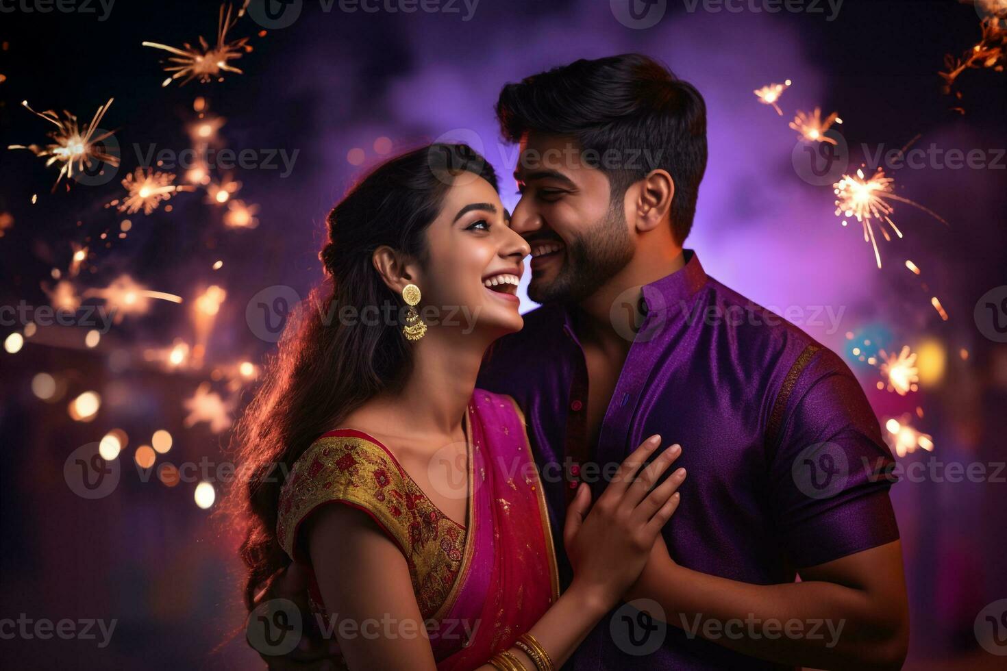 A picture of a young couple looking happy and celebrating the indian festival of diwa, ai generative photo