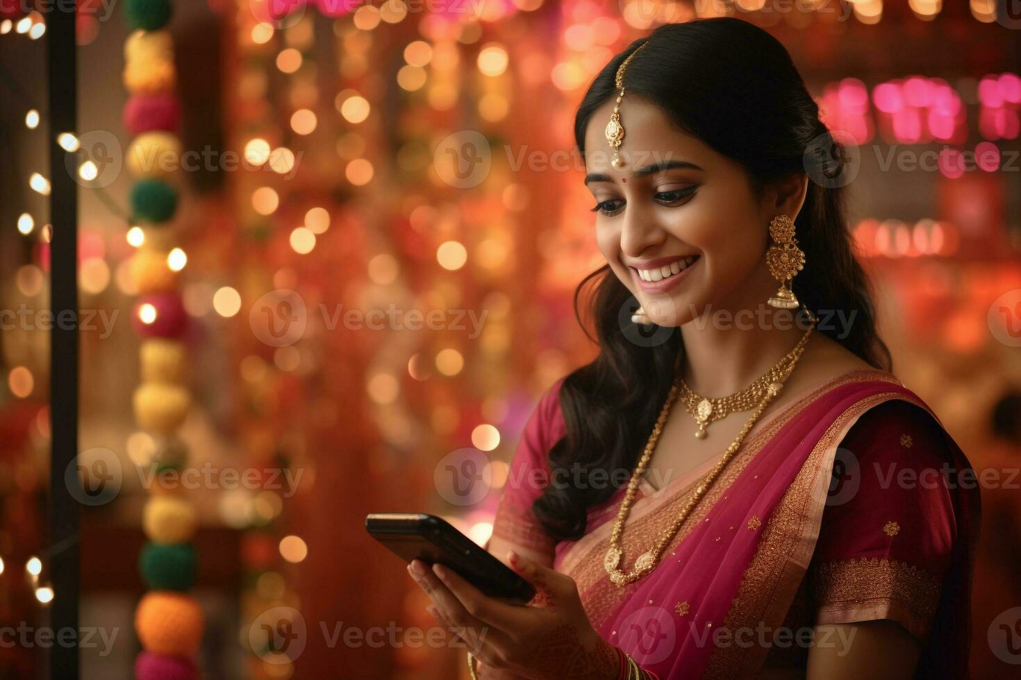 A picture of a happy woman in a traditional indian dress using her phone during the diwali festival, ai generative photo