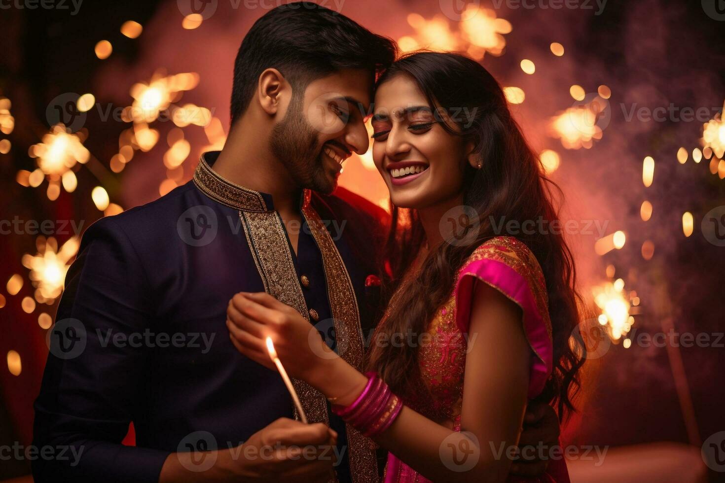 A photo of a happy indian couple in traditional clothes celebrating diwali by holding sparklers and firecrackers, ai generative