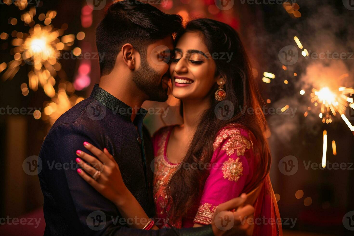 A photo of a happy indian couple in traditional clothes celebrating diwali by holding sparklers and firecrackers, ai generative