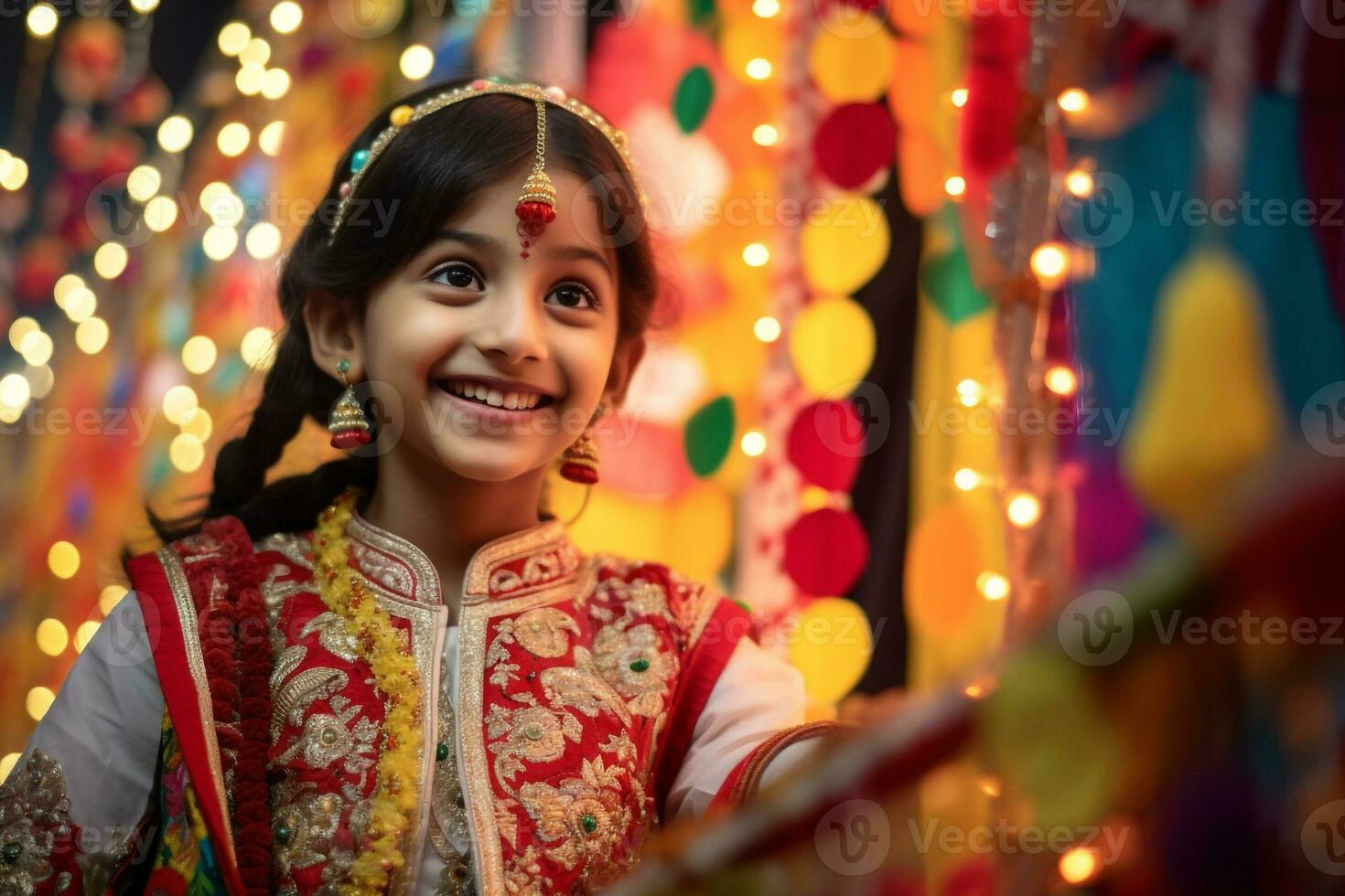 A picture of a young indian girl wearing traditional indian clothes smiling in front of a decorated puja pandal at night, ai generative photo