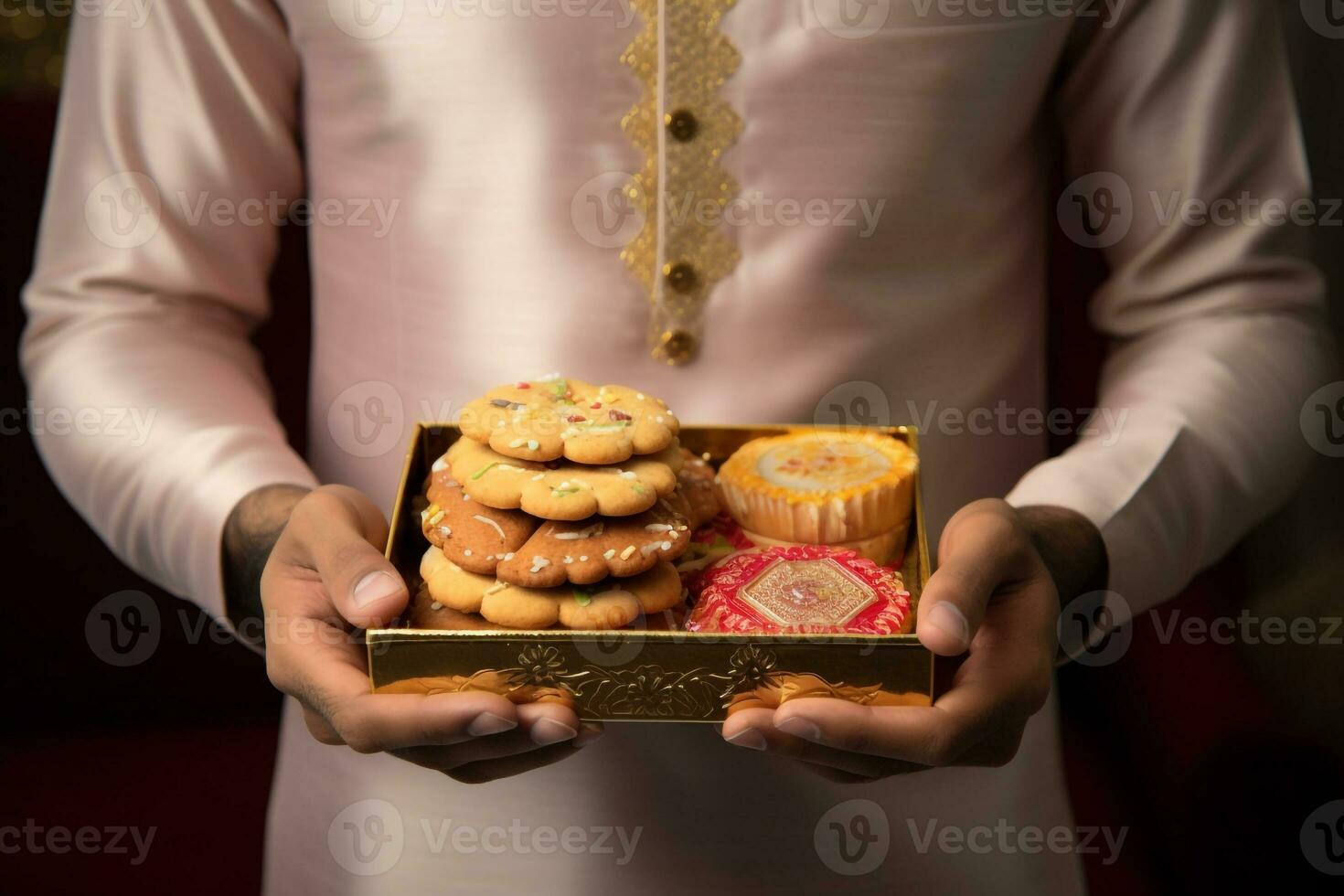 A picture of a hindu brother and sister in traditional indian clothes holding indian sweets and a gift box on the day of the raksha bandhan festival, ai generative photo
