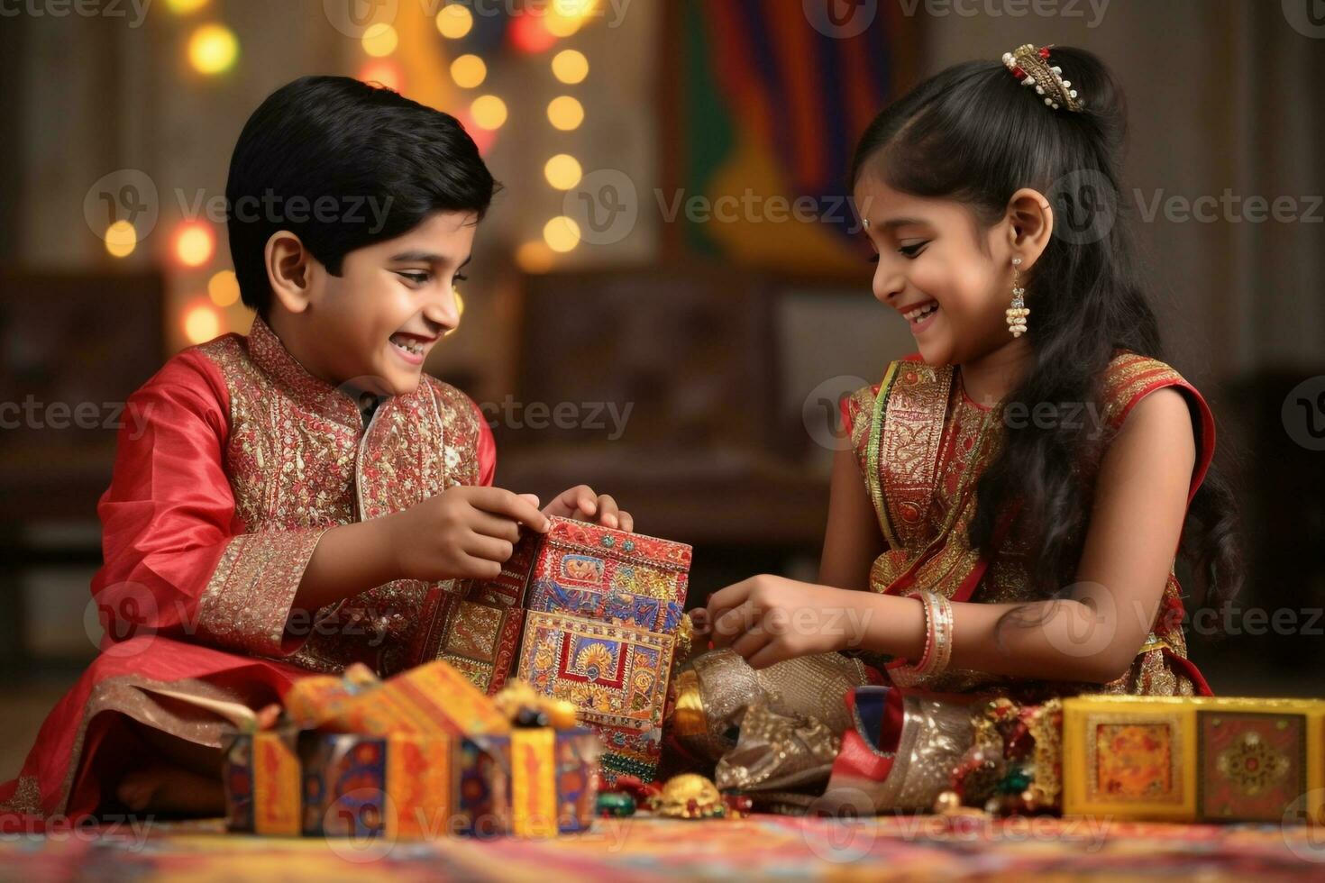 A photo of brother and sister in traditional indian clothes celebrating bhai dooj and playing with a gift box, ai generative