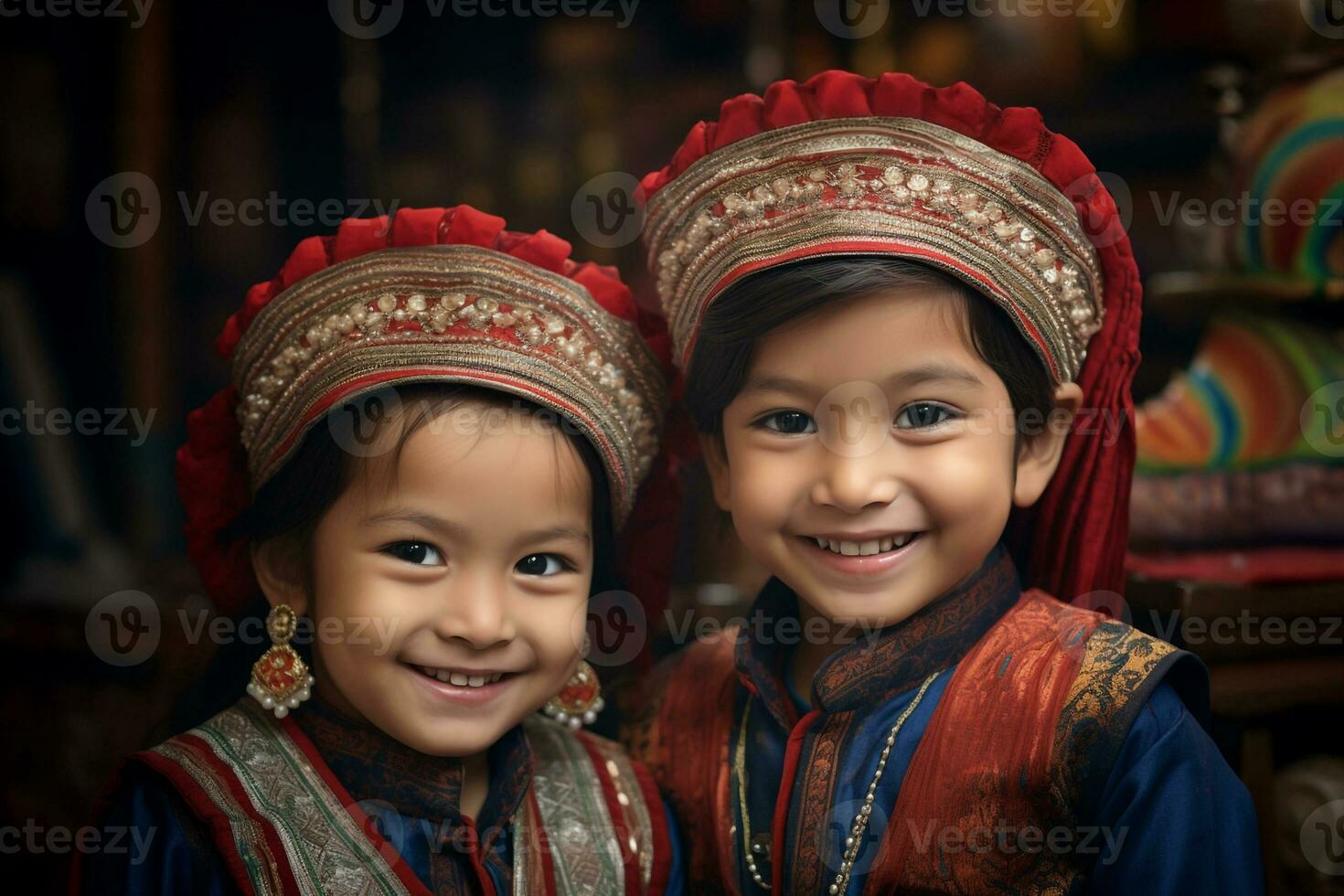 A picture of two young brothers and sisters wearing traditional clothes and celebrating the bhai dooj festival, ai generative photo