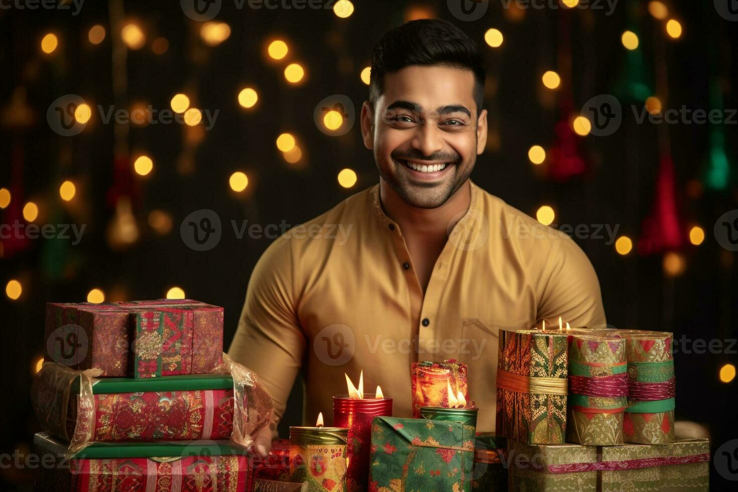 A photo of a happy indian man with diwali gifts wearing a traditional kurta during a shopping festival, ai generative