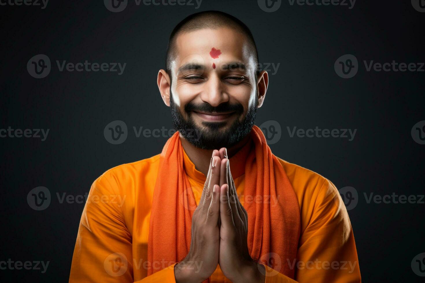 A picture of a young indian man saying hello with his hands together, ai generative photo