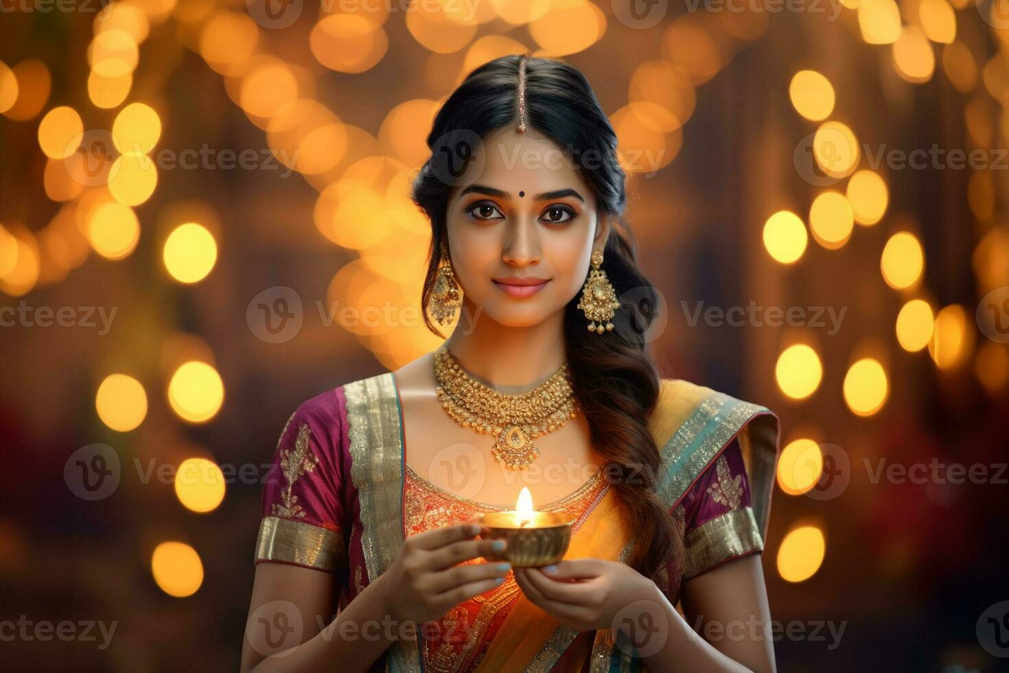 A photo of a young indian woman in traditional clothing holding a lit oil lamp the background is decorated for a festival, ai generative