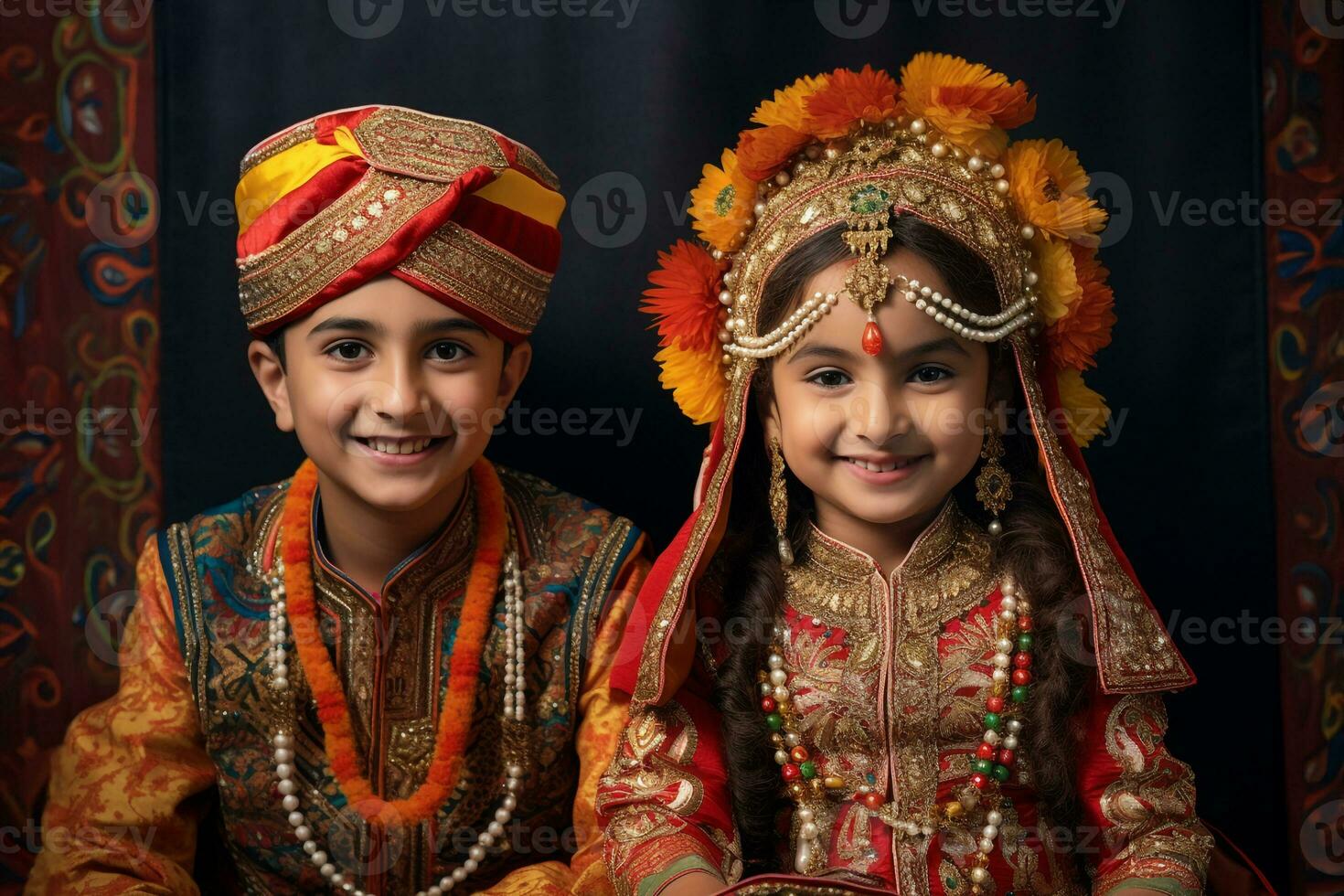 A picture of a brother and sister in traditional clothes celebrating the bhai dooj festiva, ai generative photo