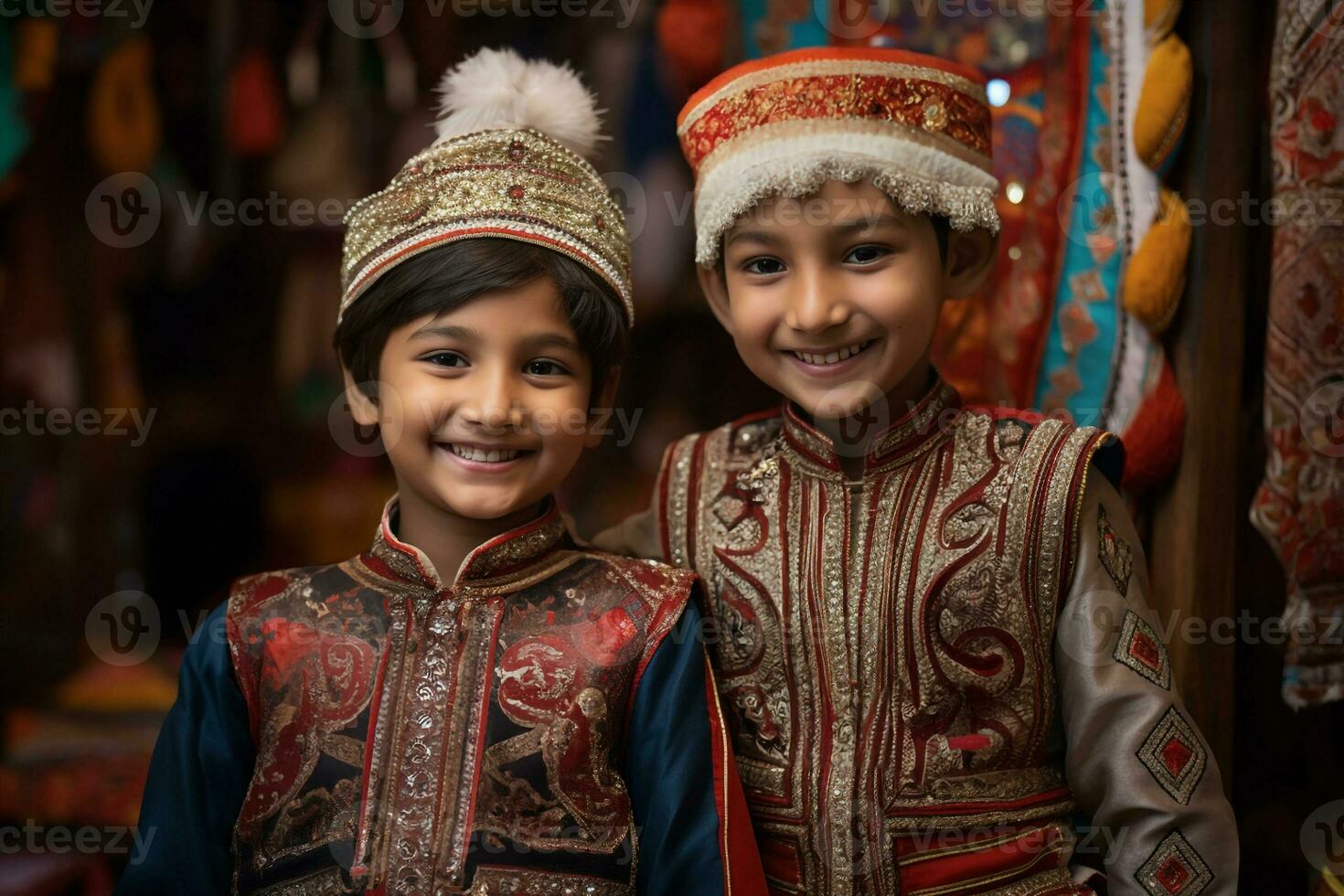A picture of two young brothers and sisters wearing traditional clothes and celebrating the bhai dooj festival, ai generative photo