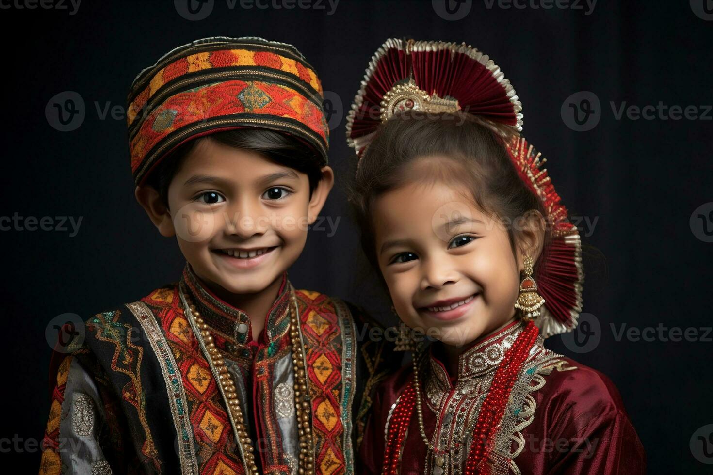 un imagen de dos joven hermanos y hermanas vistiendo tradicional ropa y celebrando el bhai dooj festival, ai generativo foto