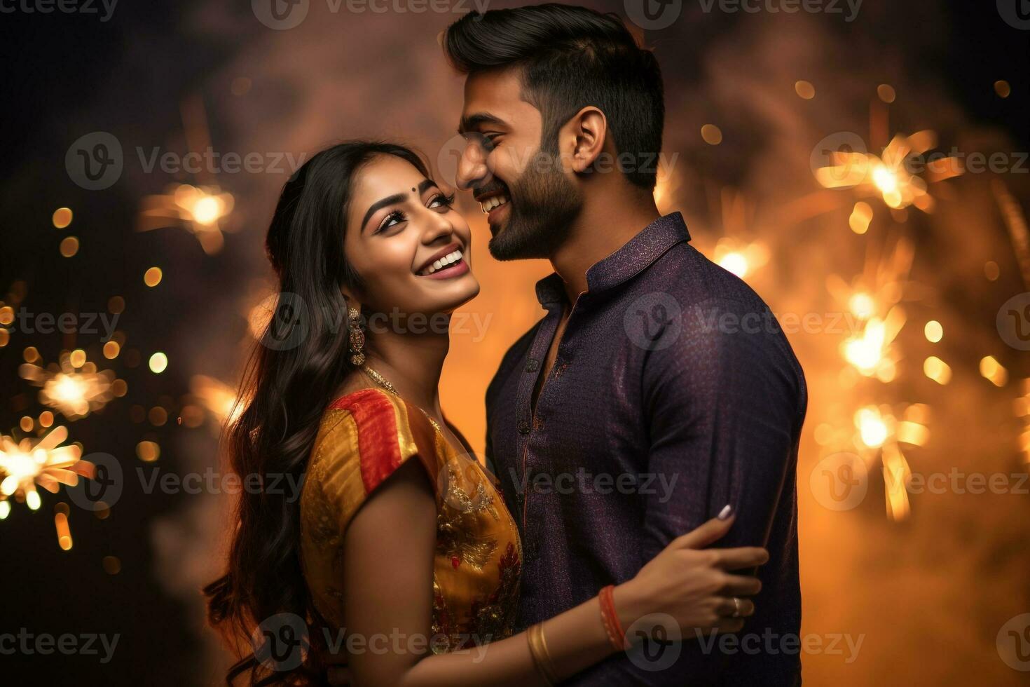 A picture of a young couple celebrating diwali with great joy, ai generative photo