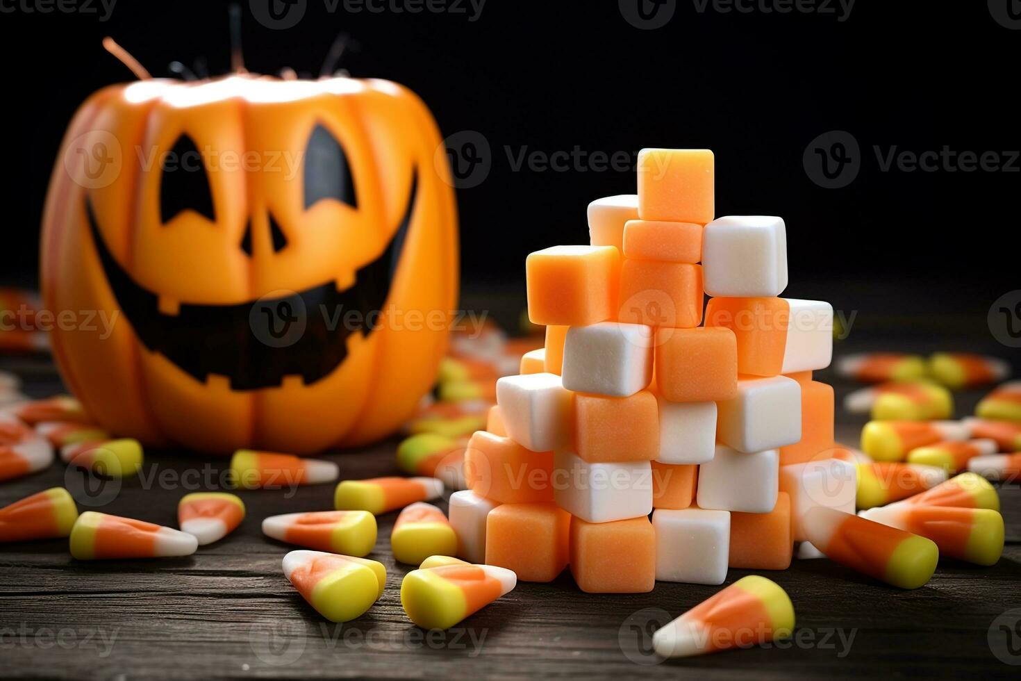 A picture of wooden blocks that spell happy halloween with candy corn and decorations on an old wooden table, ai generative photo