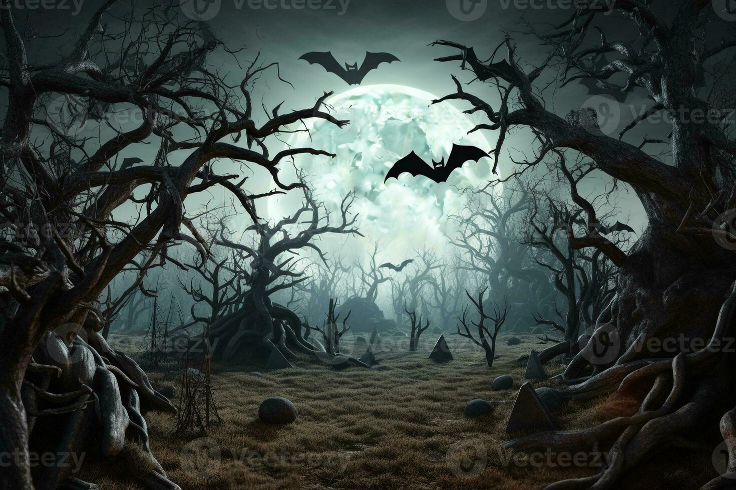 A picture of a halloween themed background with a scary graveyard, ai generative photo