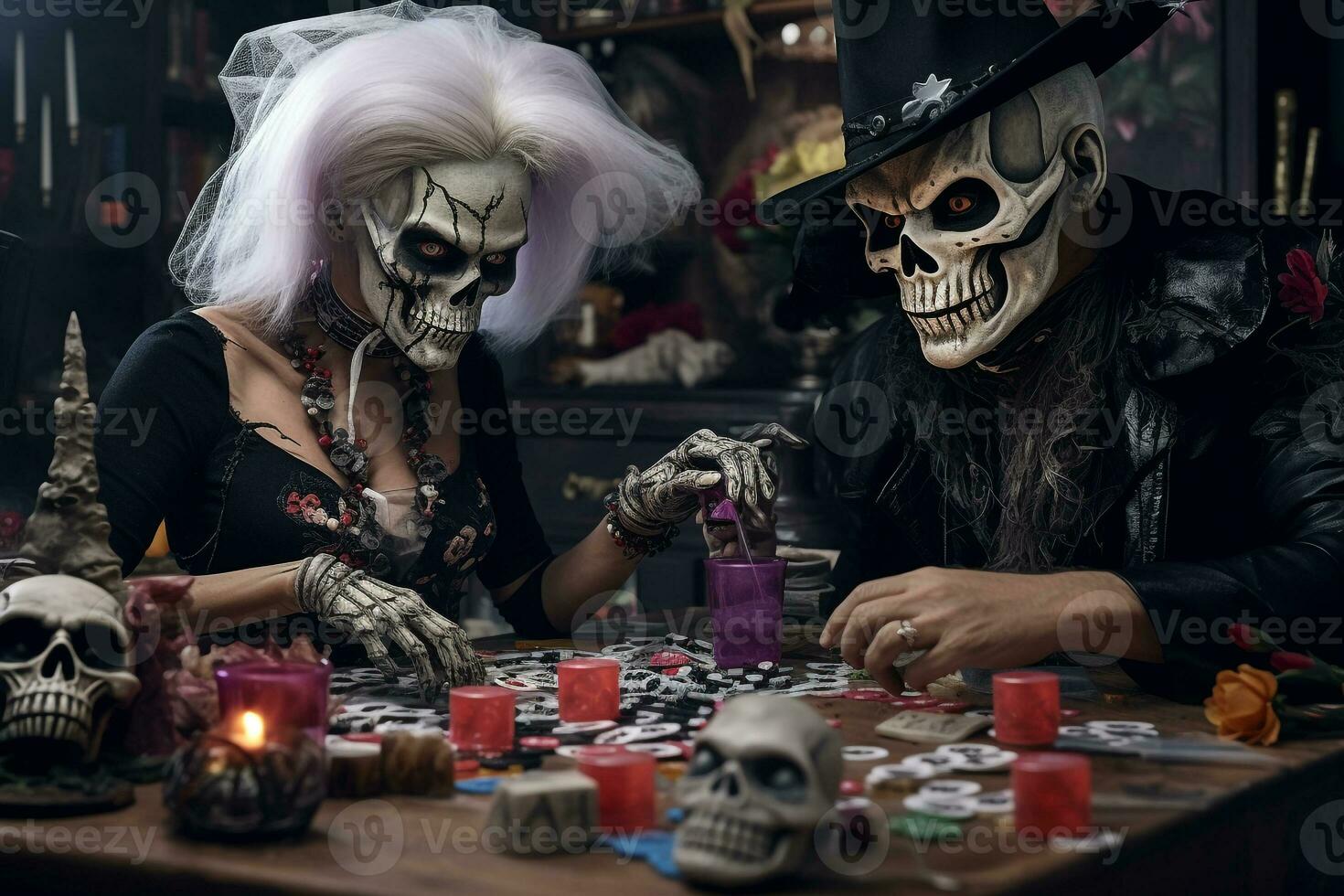 A picture of two people getting ready for a halloween party, ai generative photo