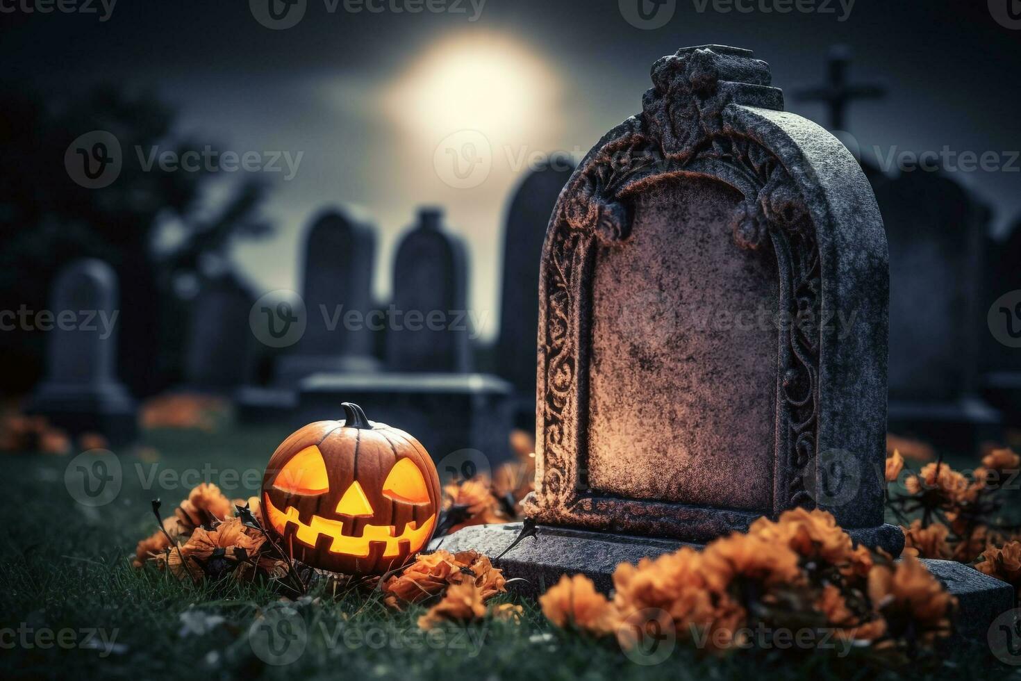 A picture of a pumpkin with a carved face in a graveyard at night with a full moon on halloween, ai generative photo