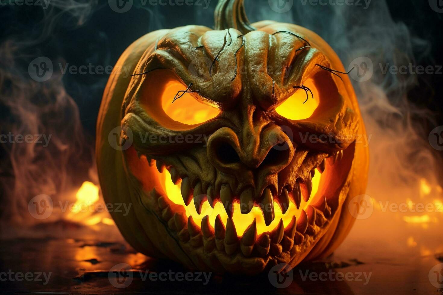 un imagen de un escalofriante Víspera de Todos los Santos calabaza echar un vistazo fuera de el fumar, ai generativo foto