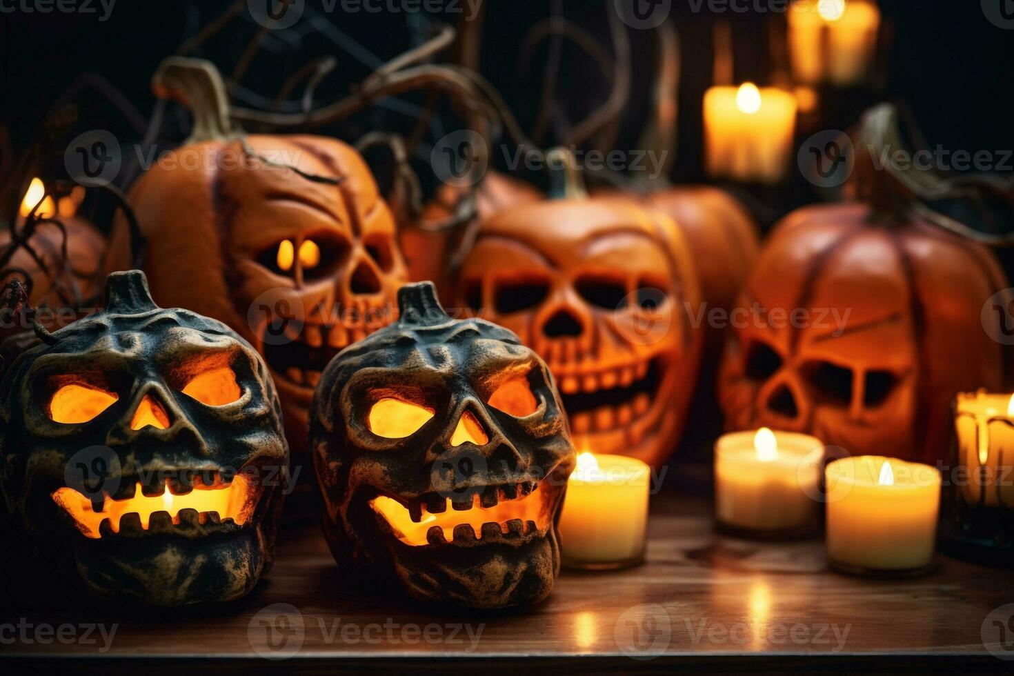 A picture of halloween pumpkins and candles on a wooden surface, ai generative photo