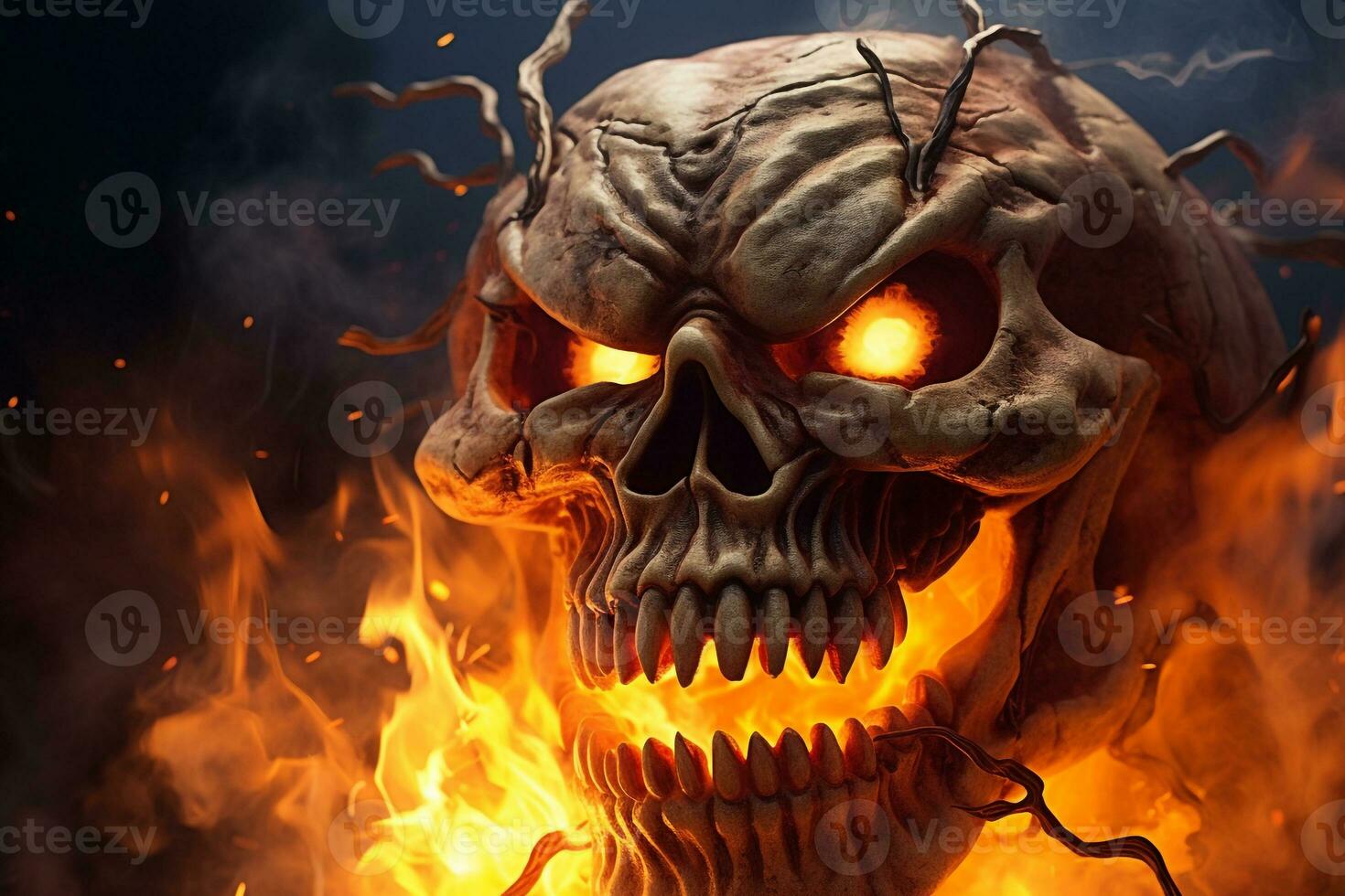 A picture of a spooky halloween pumpkin peeking out of the smoke, ai generative photo