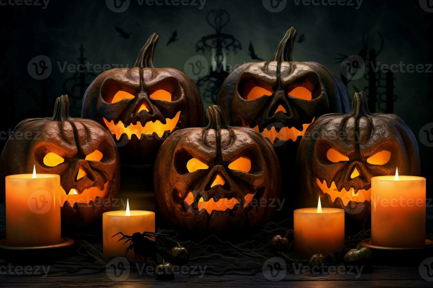 A picture of halloween pumpkins and candles on a wooden surface, ai generative photo