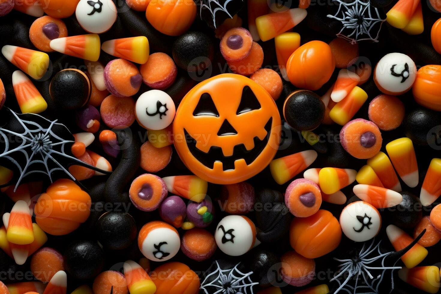 A picture of a halloween background with spiders and candy, ai generative photo