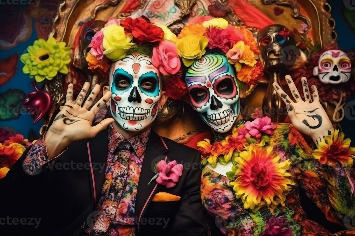 Indoor photo of a man and woman in scary costumes making a peace sign they have vivid makeup to make them look scary they are celebrating a traditional mexican holiday, ai generative