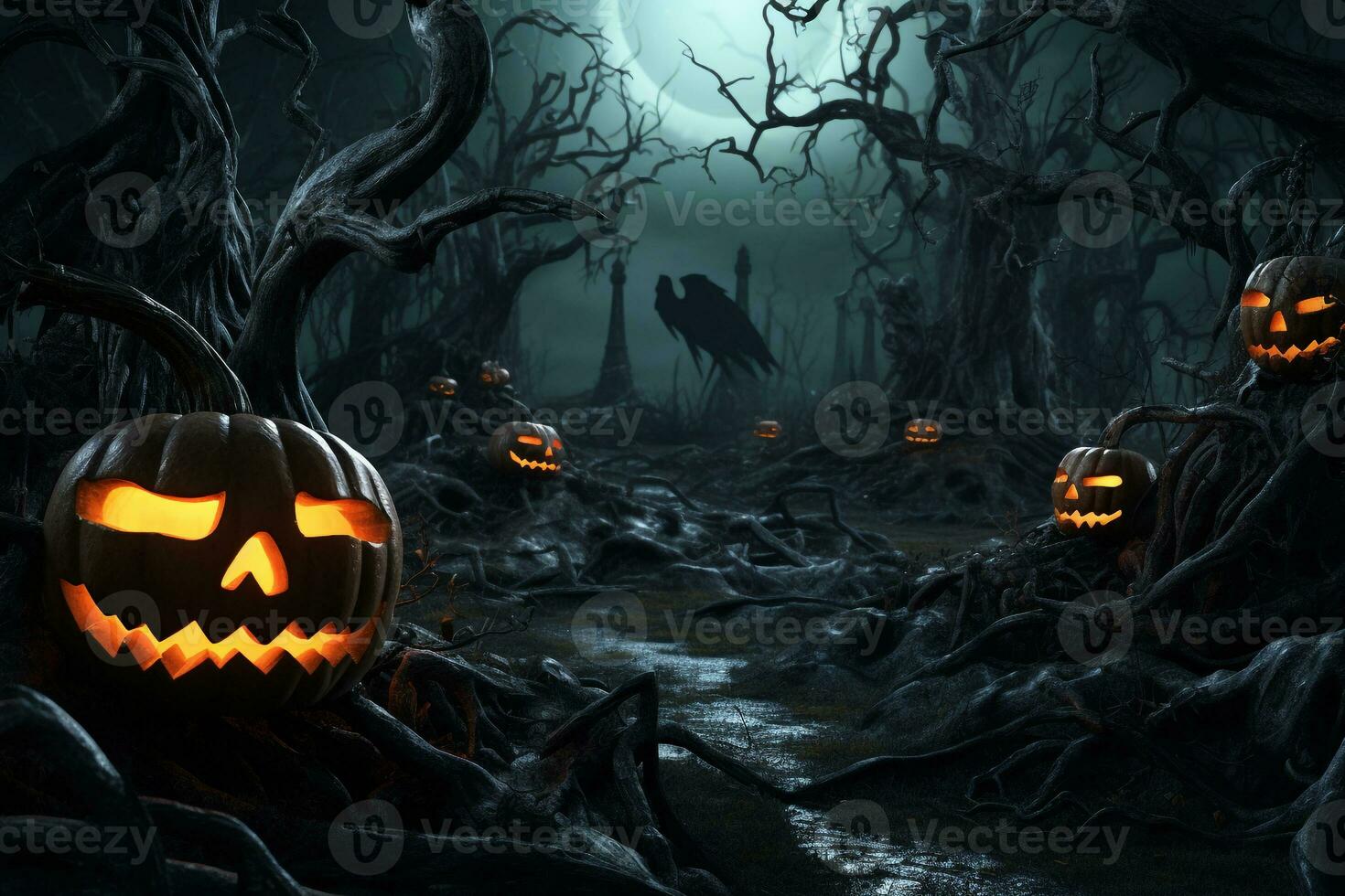 A photo of a spooky forest with dead trees and pumpkins for halloween the halloween design includes pumpkins, ai generative