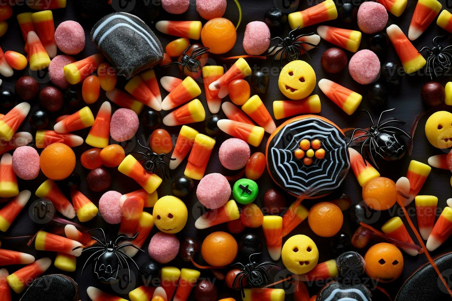 A picture of a halloween background with spiders and candy, ai generative photo