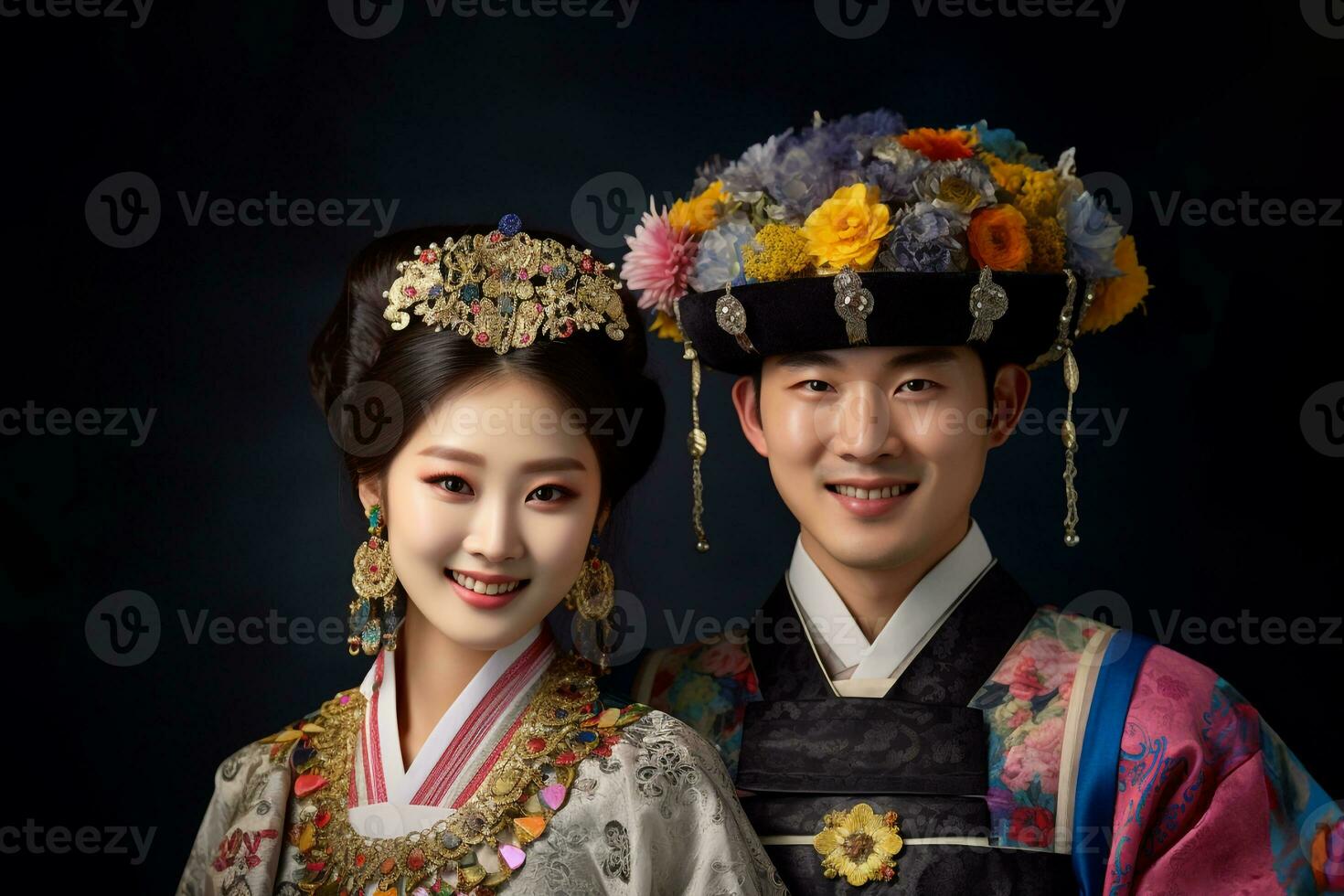 A photo of a smiling couple in korean traditional dress with one hand each raised in front of them, ai generative