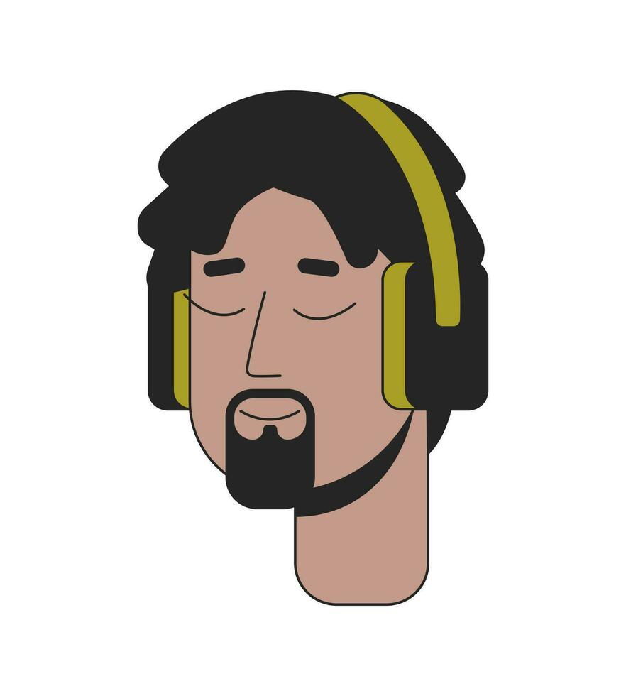 negro hombre con teme escuchando a música 2d lineal dibujos animados personaje cabeza. africano americano rapero DJ masculino aislado línea vector persona cara blanco antecedentes. auriculares color plano Mancha ilustración