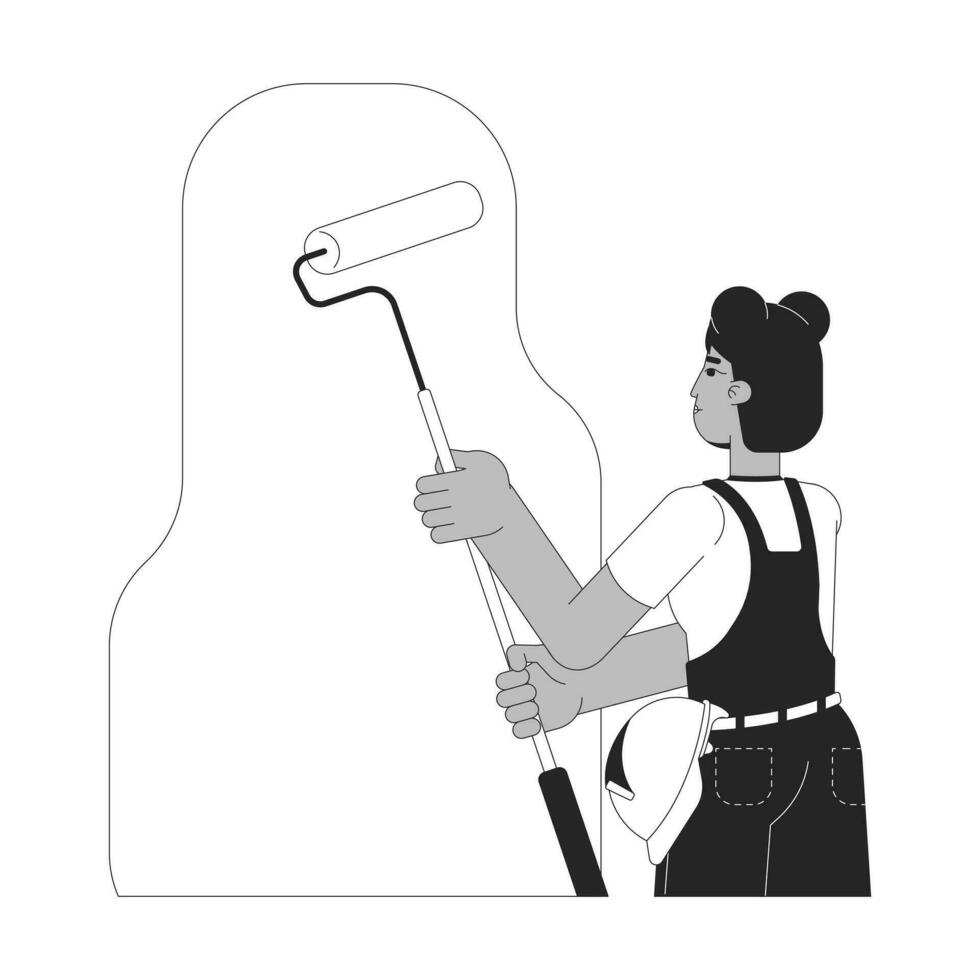 African american female painter painting walls black and white 2D line cartoon character. Condo contractor black woman isolated vector outline person. Renovation monochromatic flat spot illustration