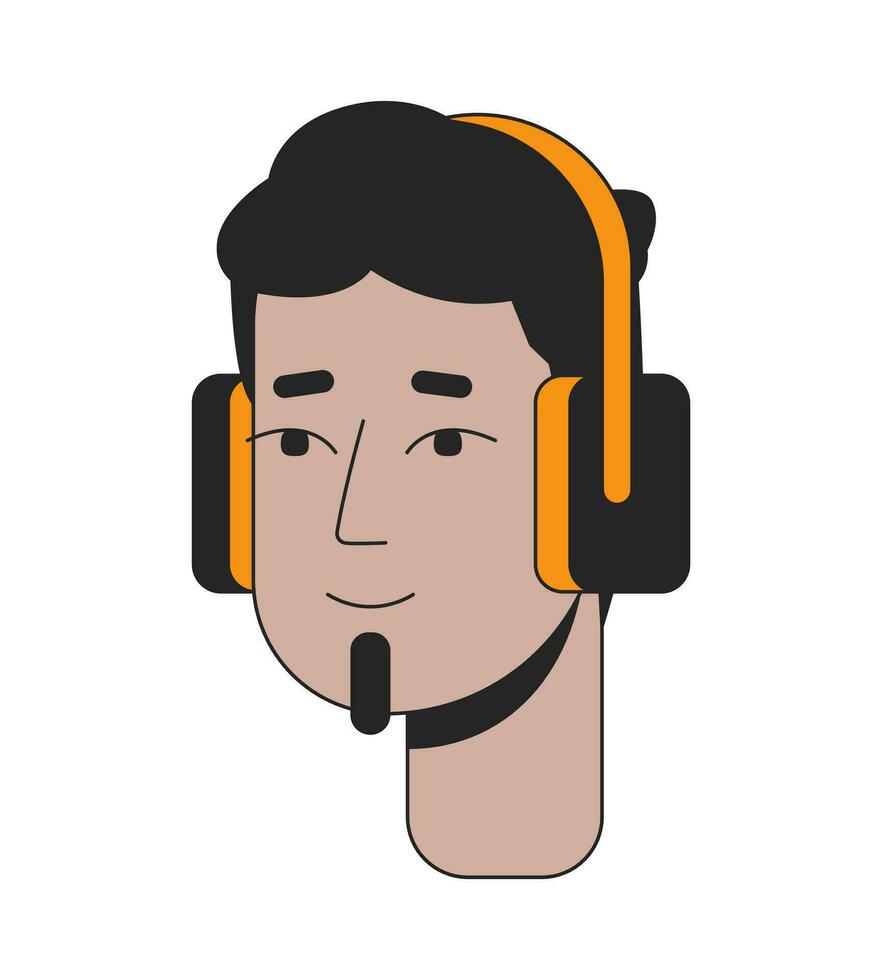 Hipster indian guy with soul patch beard 2D linear cartoon character head. Headphones south asian guy bearded isolated line vector person face white background. Color flat spot illustration